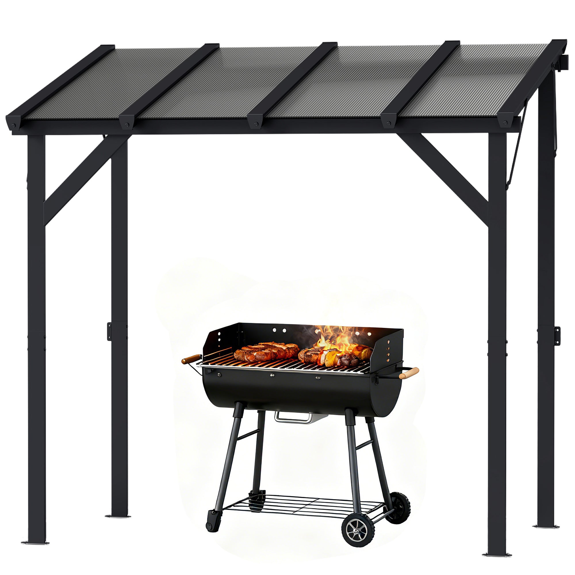 Hardtop Grill Gazebo, Lean-to BBQ Shelter with Polycarbonate Roof for Outdoor, Patio, Lawn