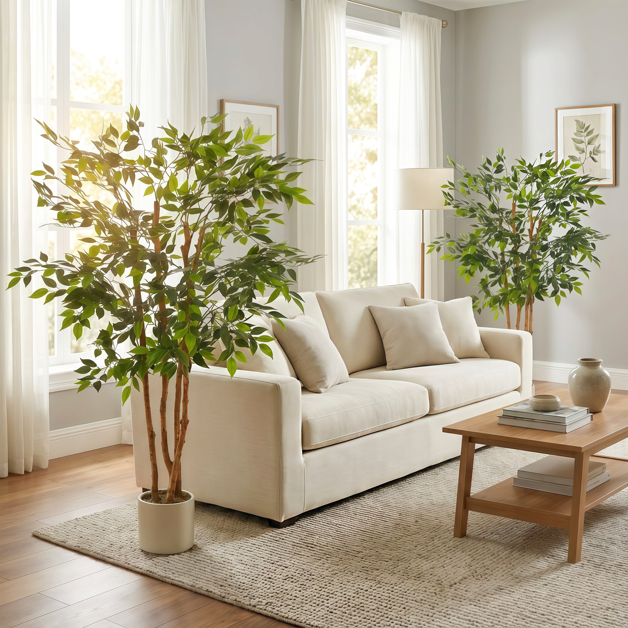5FT Artificial Banyan Tree Set of 2, Fake Potted Tree with Solid Wood Trunk and Pot for Indoor