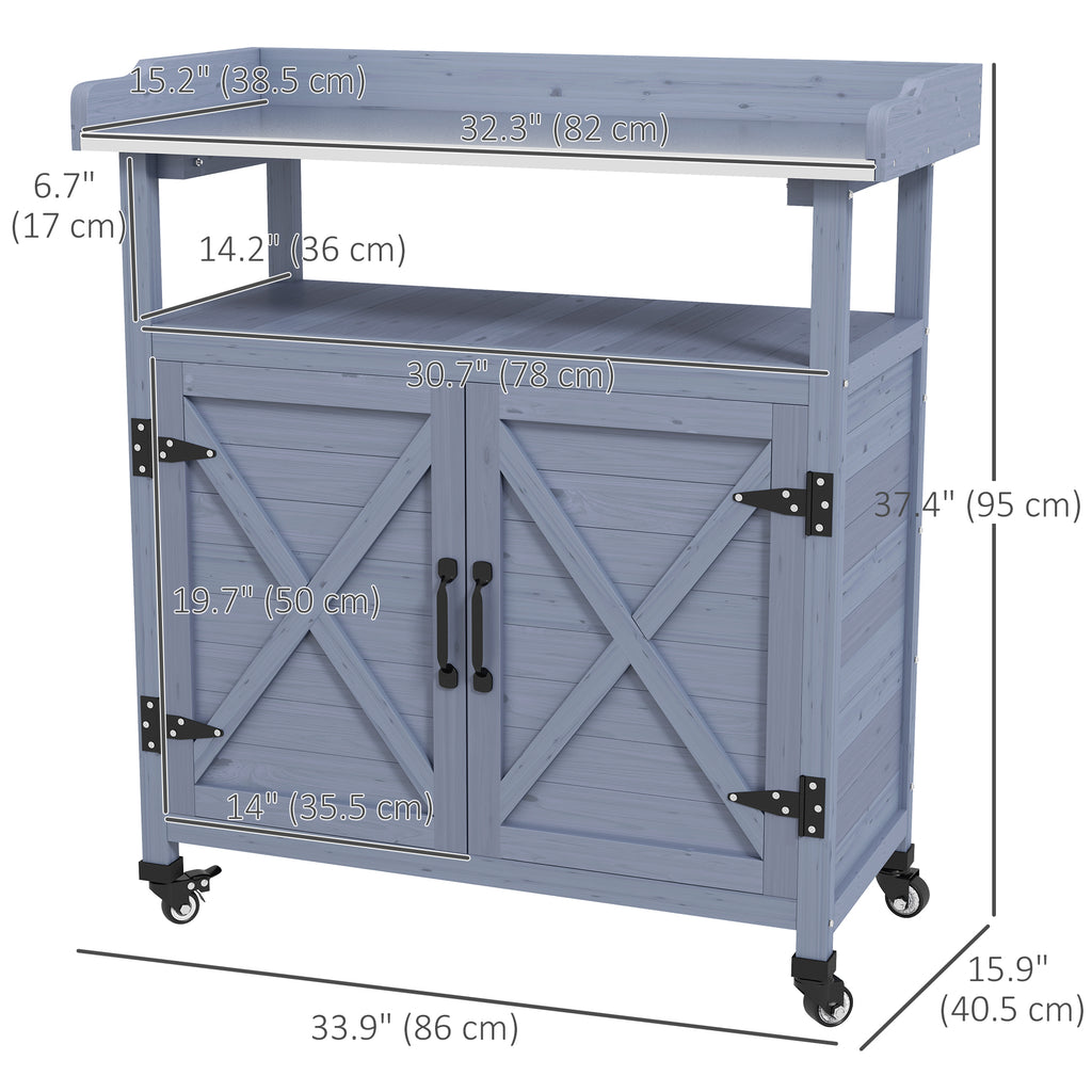 Outdoor Wooden Potting Bench with Storage Cabinet, Aluminum Tabletop, Rubber Wheels for Backyard, Patio, Balcony, Grey