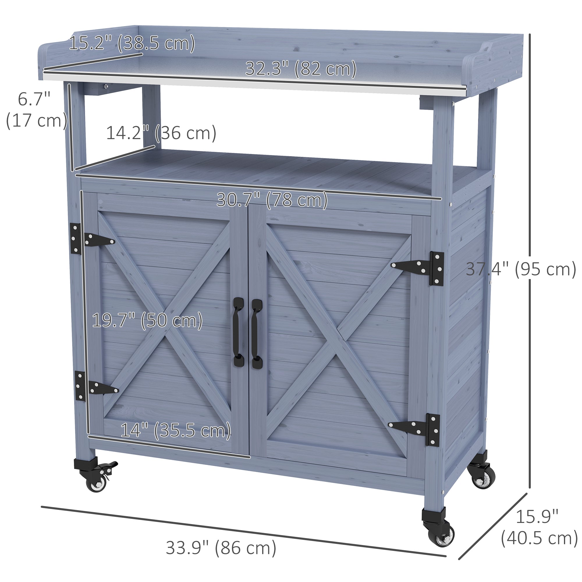 Outdoor Wooden Potting Bench with Storage Cabinet, Aluminum Tabletop, Rubber Wheels for Backyard, Patio, Balcony, Grey