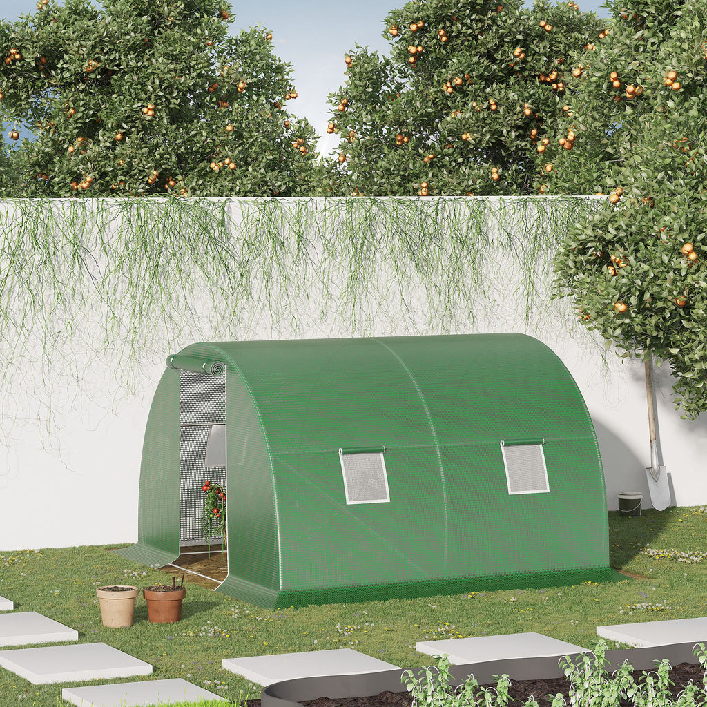 Walk-In Tunnel Greenhouse, Plant Hot House with 4 Windows and Zipper Door, 10' x 10' x 7' , Green