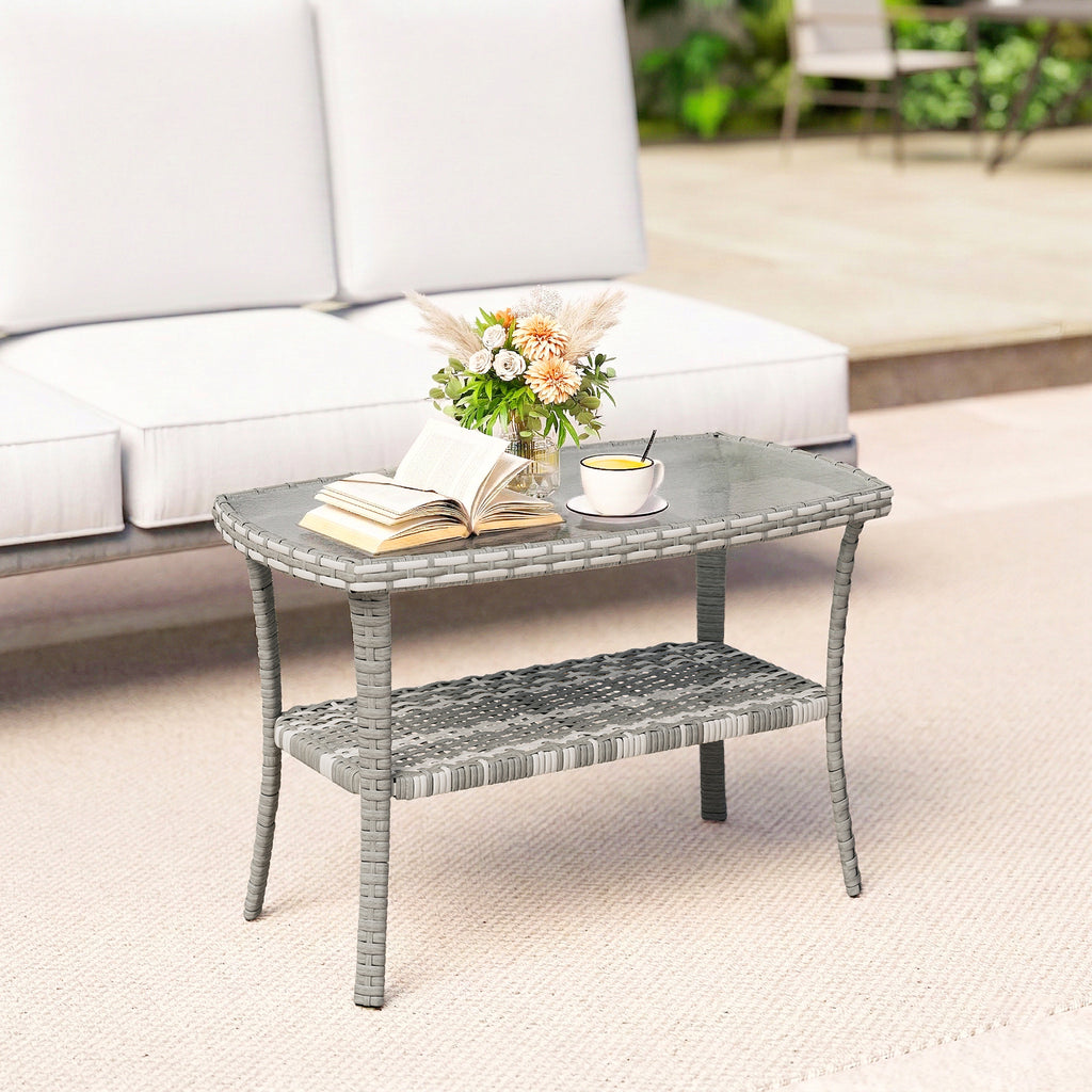 Outdoor Coffee Table with Storage Shelf, PE Wicker Patio Table with Glass Top for Garden, Backyard, Dark Grey