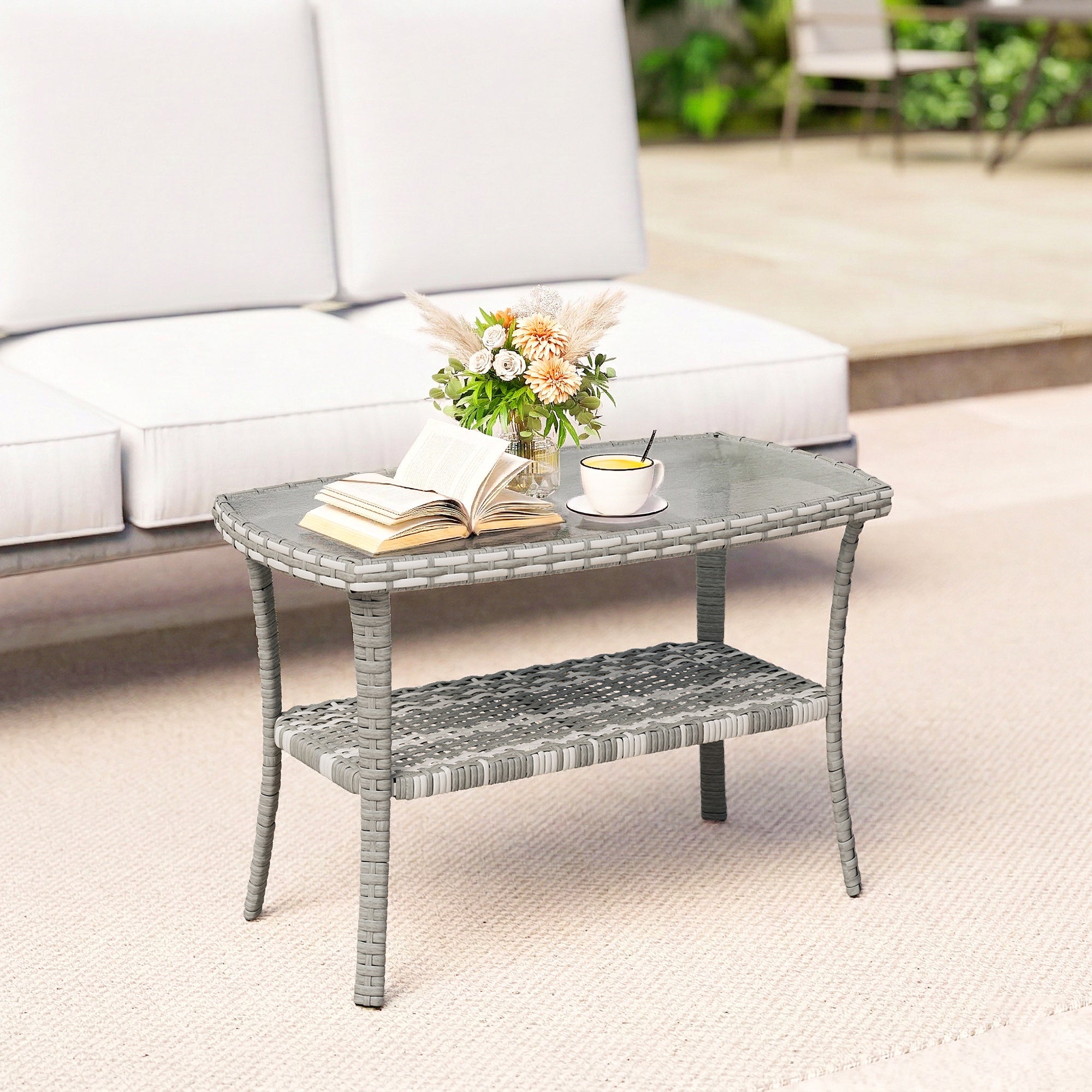 Outdoor Coffee Table with Storage Shelf, PE Wicker Patio Table with Glass Top for Garden, Backyard, Dark Grey
