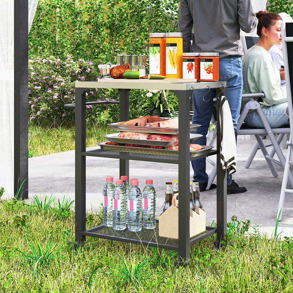 3-Shelf Outdoor Grill Cart Table with Stainless Steel Top, Hooks, Pizza Oven Stand on Wheels