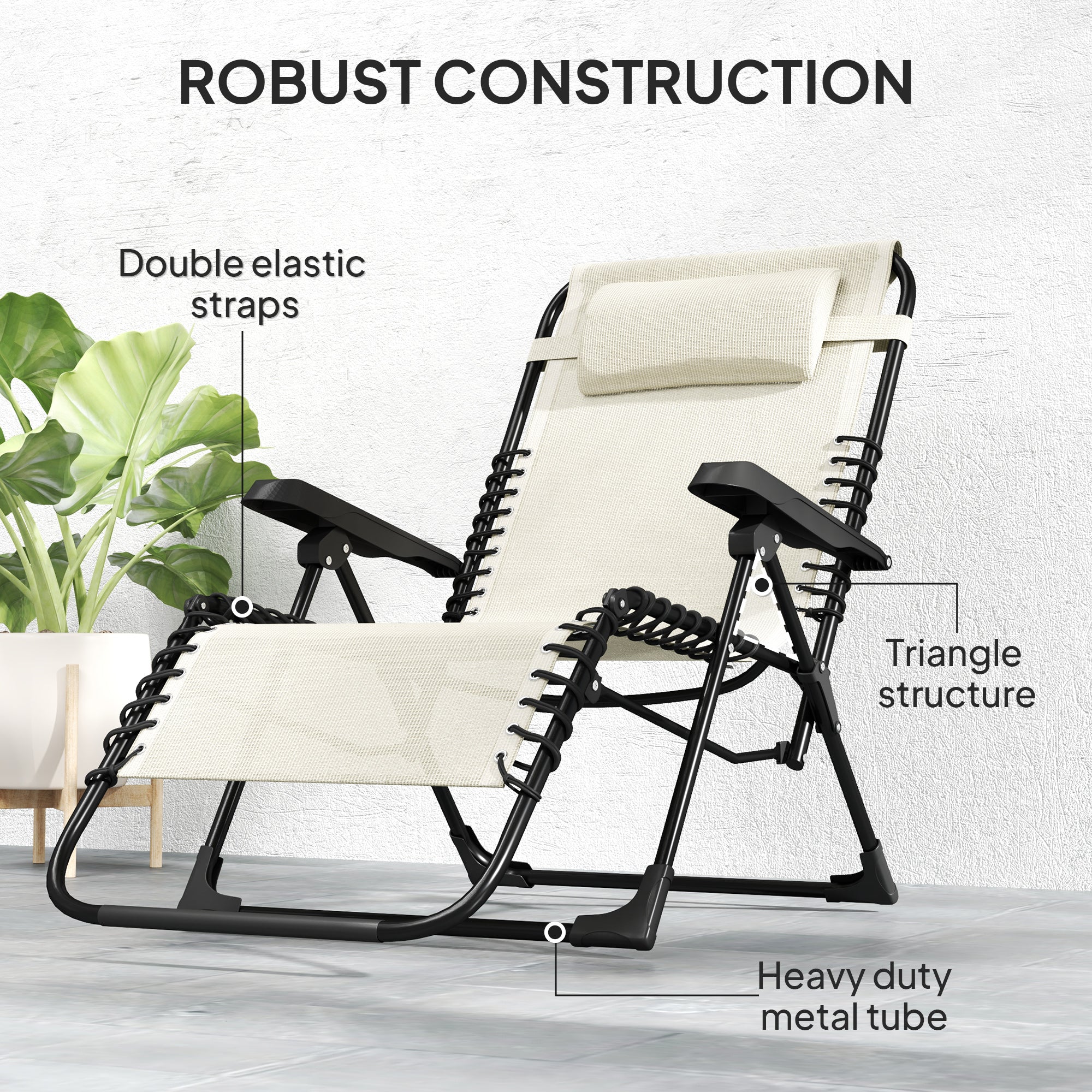 Folding Zero Gravity Chair, 5-Position Adjustable Outdoor Lounge Chair Recliner with Headrest, Beige