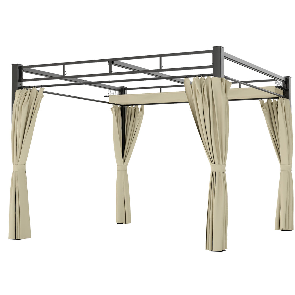 10' x 10' Outdoor Gazebo, Retractable Pergola Canopy with Curtains, UPF30+ Free Standing Metal Pergola Kit, Beige