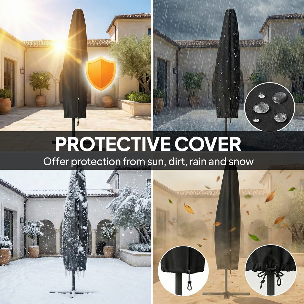 9.7ft Solar LED Cantilever Patio Umbrella with 32 LED Lights, Cross Base, Crank Handle, for Poolside, Deck, Khaki