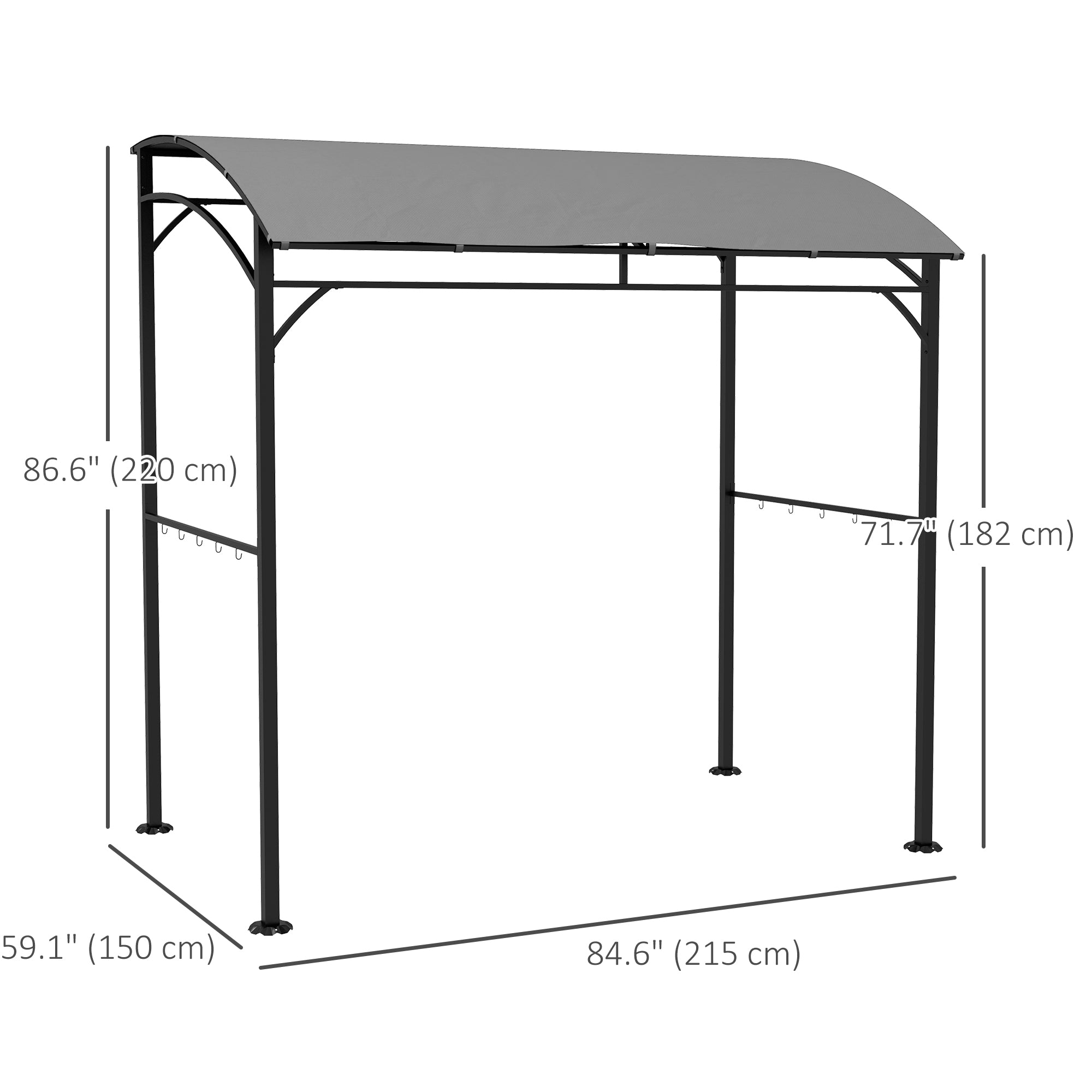 7' x 5' Garden Grill Canopy, BBQ Grill Gazebo Tent with Steel Frame and Hooks, Outdoor Sun Shade, Grey