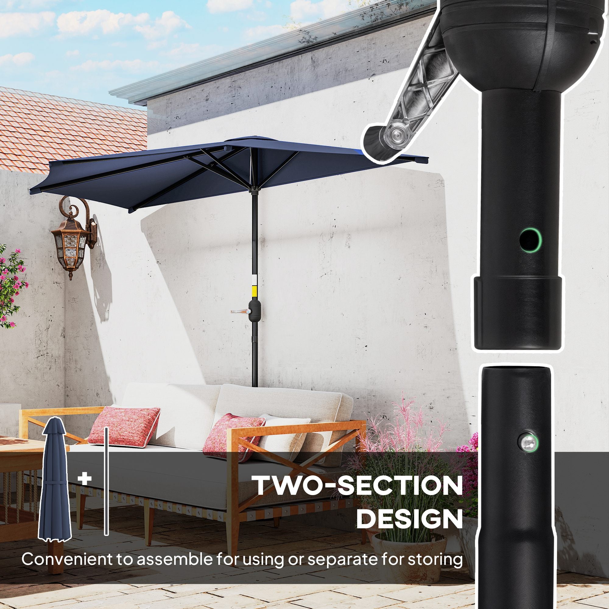 9.8ft Half Umbrella Semi Round Patio Parasol with Crank Handle, Top Vent for Garden, Balcony- NO BASE INCLUDED, Dark Blue