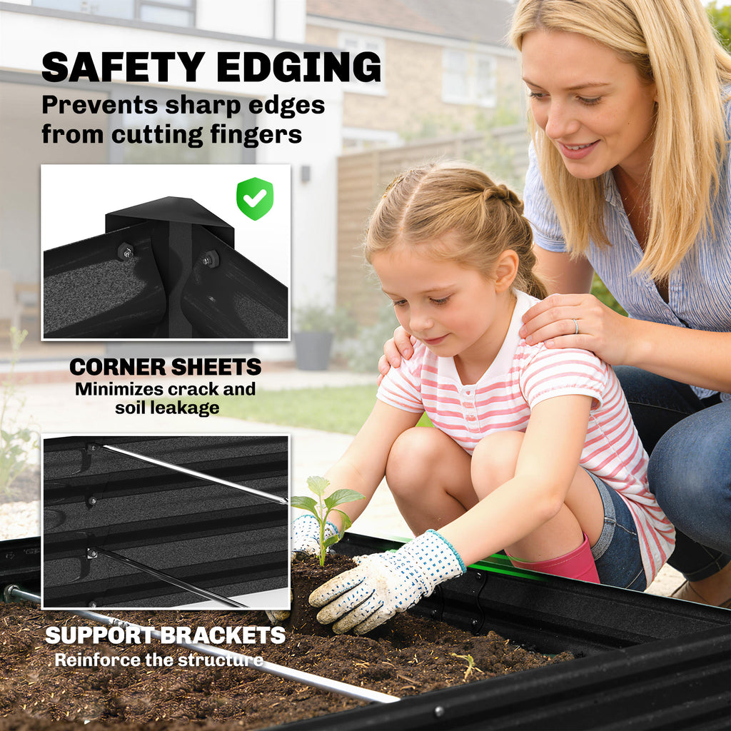 Galvanized Garden Beds with Open Bottom, Outdoor Planter Box for Herbs Vegetables, 6 x 3 x 1ft, Black
