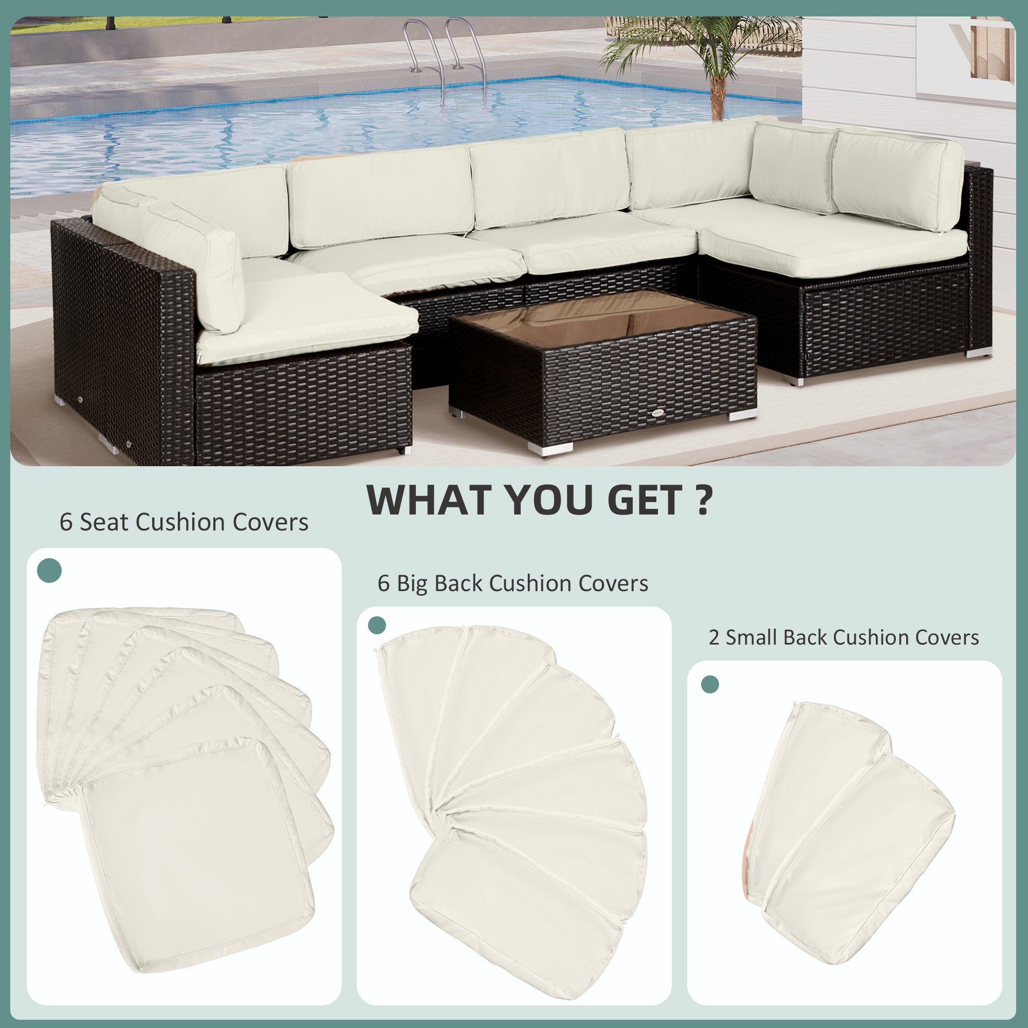 Outdoor 14pc Patio Rattan Sofa Set Cushion Polyester Cover Replacement Set - No Cushion Included, Cream White
