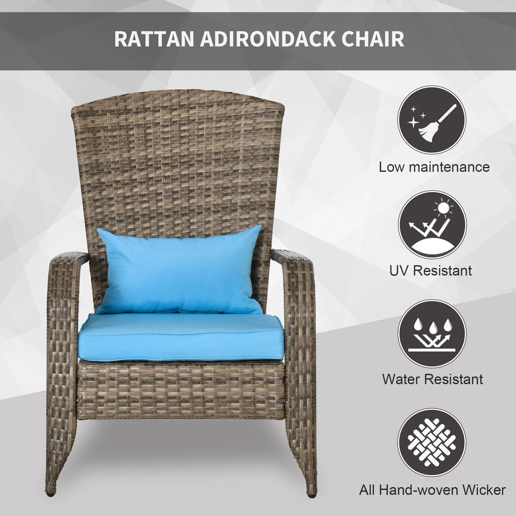 Patio Wicker Adirondack Chair, Outdoor PE Rattan Fire Pit Chair, Muskoka Chair w/ Soft Cushions, Tall Curved Backrest and Comfortable Armrests for Deck Garden, Blue