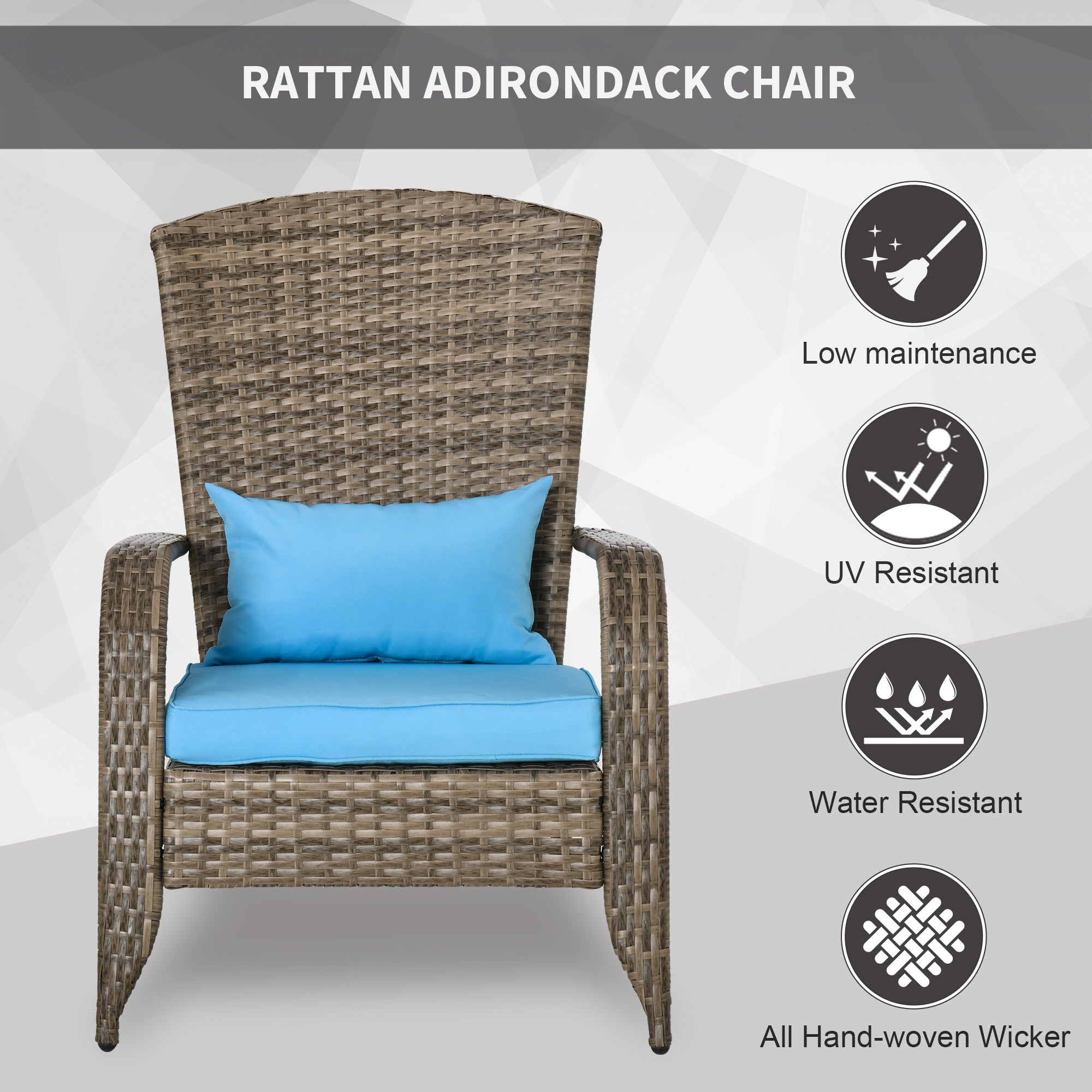 Patio Wicker Adirondack Chair, Outdoor PE Rattan Fire Pit Chair, Muskoka Chair w/ Soft Cushions, Tall Curved Backrest and Comfortable Armrests for Deck Garden, Blue
