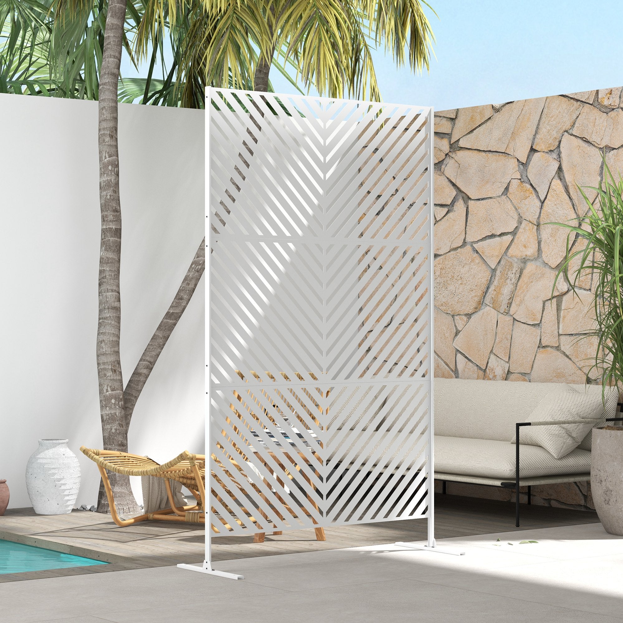 6.5FT Decorative Outdoor Divider, Metal Privacy Screen with Stand, Triangle Style, White