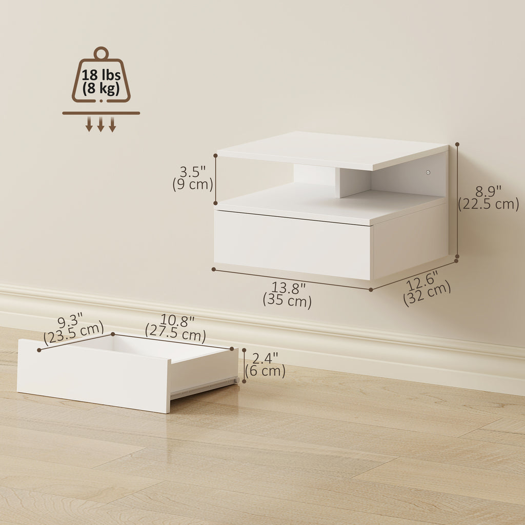 Floating Nightstand Set of 2, Wall Mounted Bedside Table with Drawer and Shelf, Small Night Stand for Bedroom, White