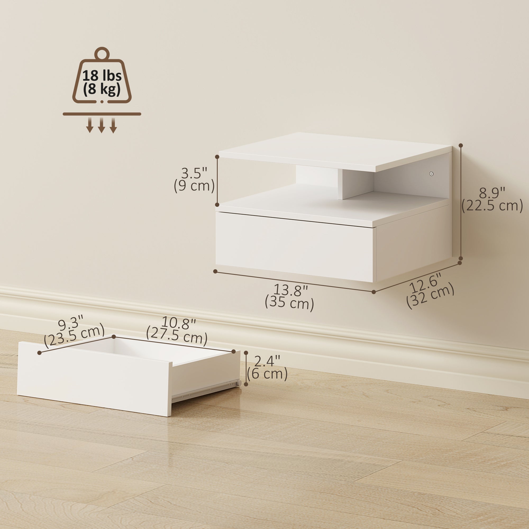 Floating Nightstand Set of 2, Wall Mounted Bedside Table with Drawer and Shelf, Small Night Stand for Bedroom, White