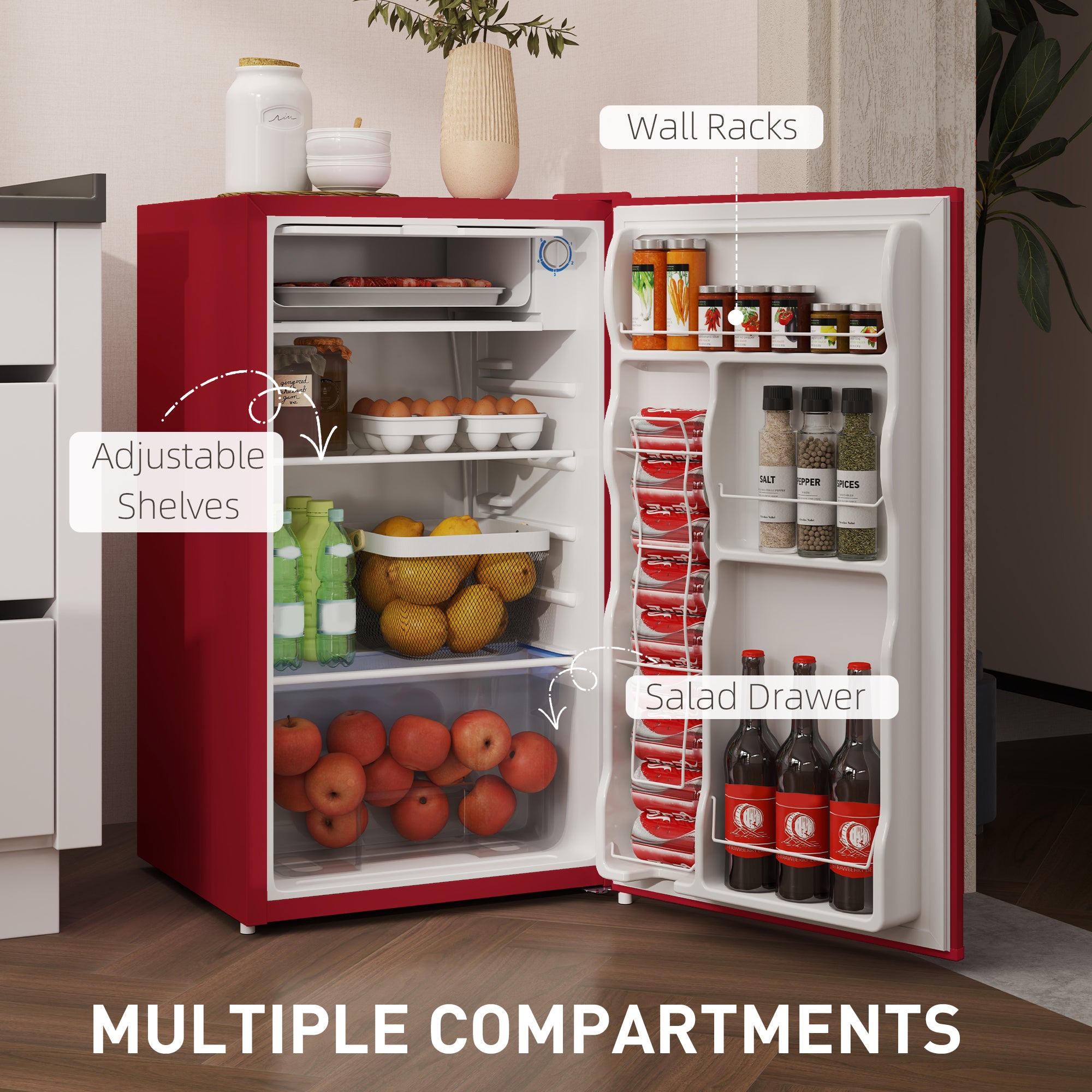 Compact Refrigerator, Mini Fridge with Freezer, Adjustable Shelf, Mechanical Thermostat and Reversible Door, Red