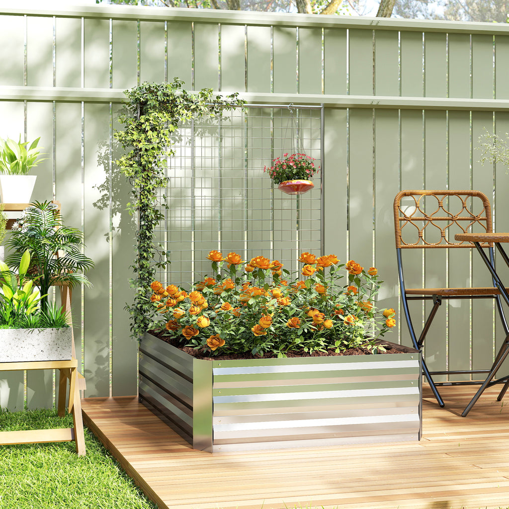 Galvanized Raised Garden Bed with Trellis for Climbing Plants, Outdoor Planter Box with Open Bottom, Silver