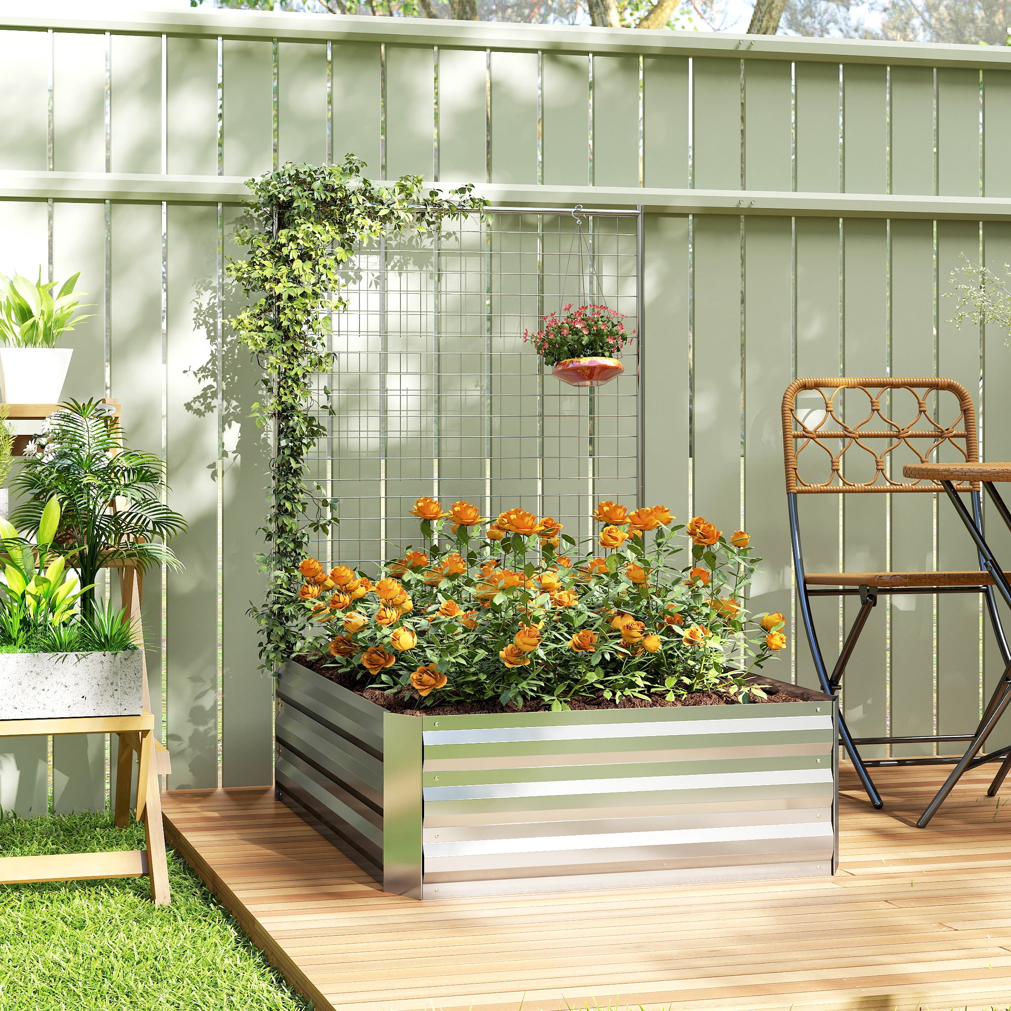Galvanized Raised Garden Bed with Trellis for Climbing Plants, Outdoor Planter Box with Open Bottom, Silver