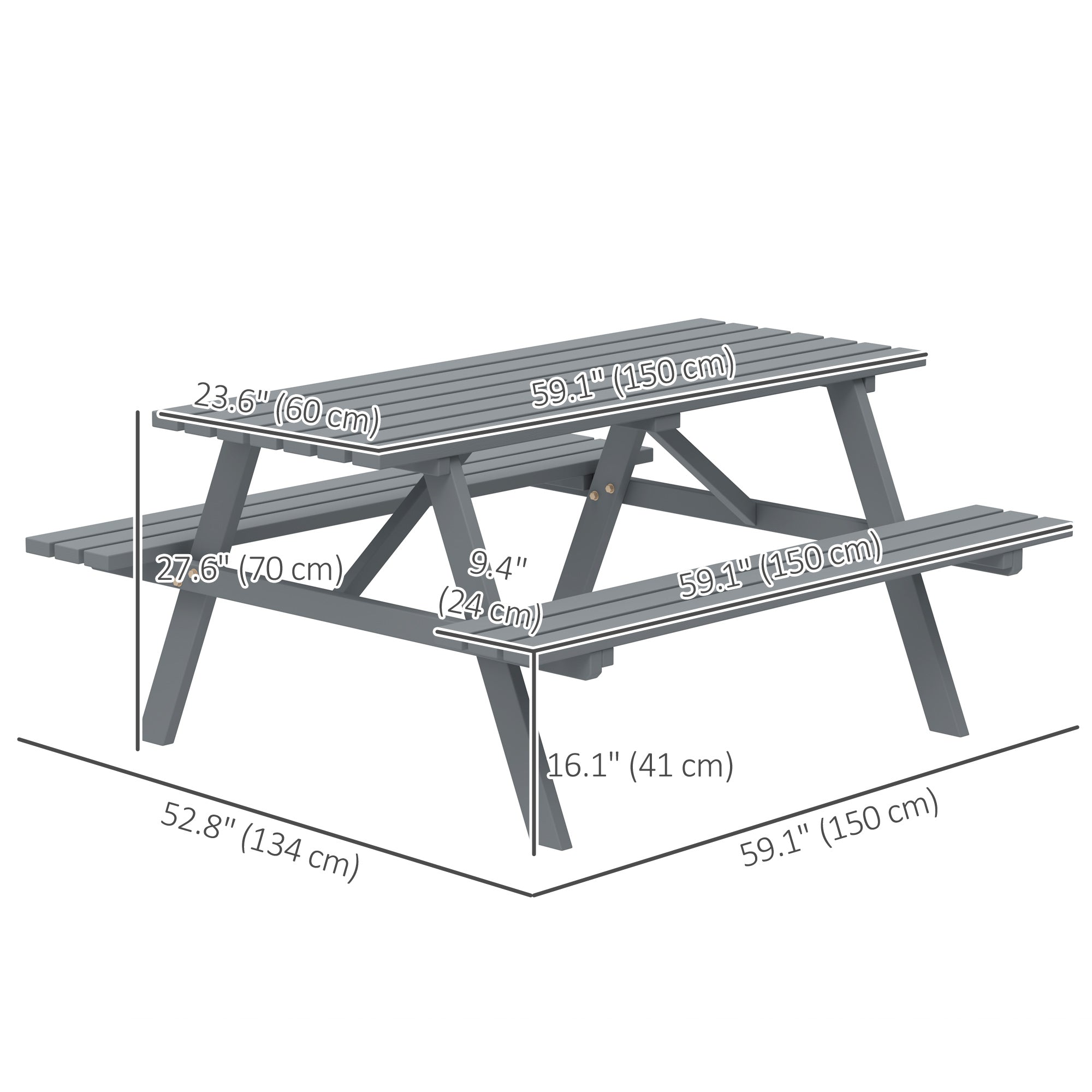 Wood Picnic Table, Camping Table and Bench Set with Umbrella Hole for Outdoor, Garden, Patio, Backyard, Grey