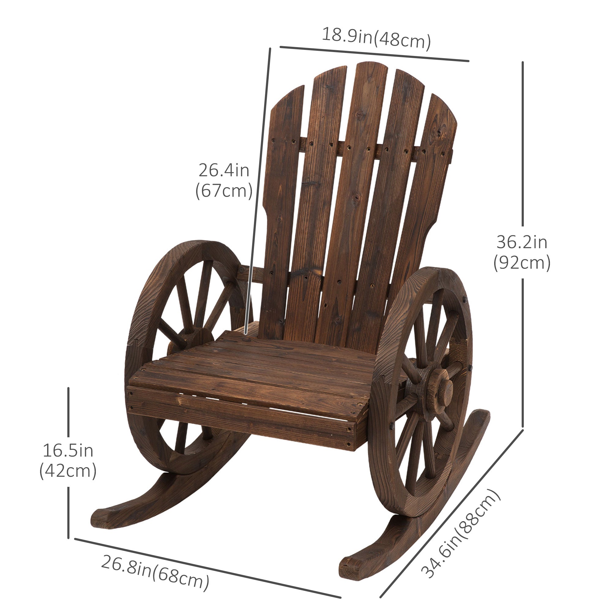 Patio Wooden Rocking Chair, Wagon Outdoor Rocker Chair with Slatted Design and Wheel Armrests for Garden, Carbonized