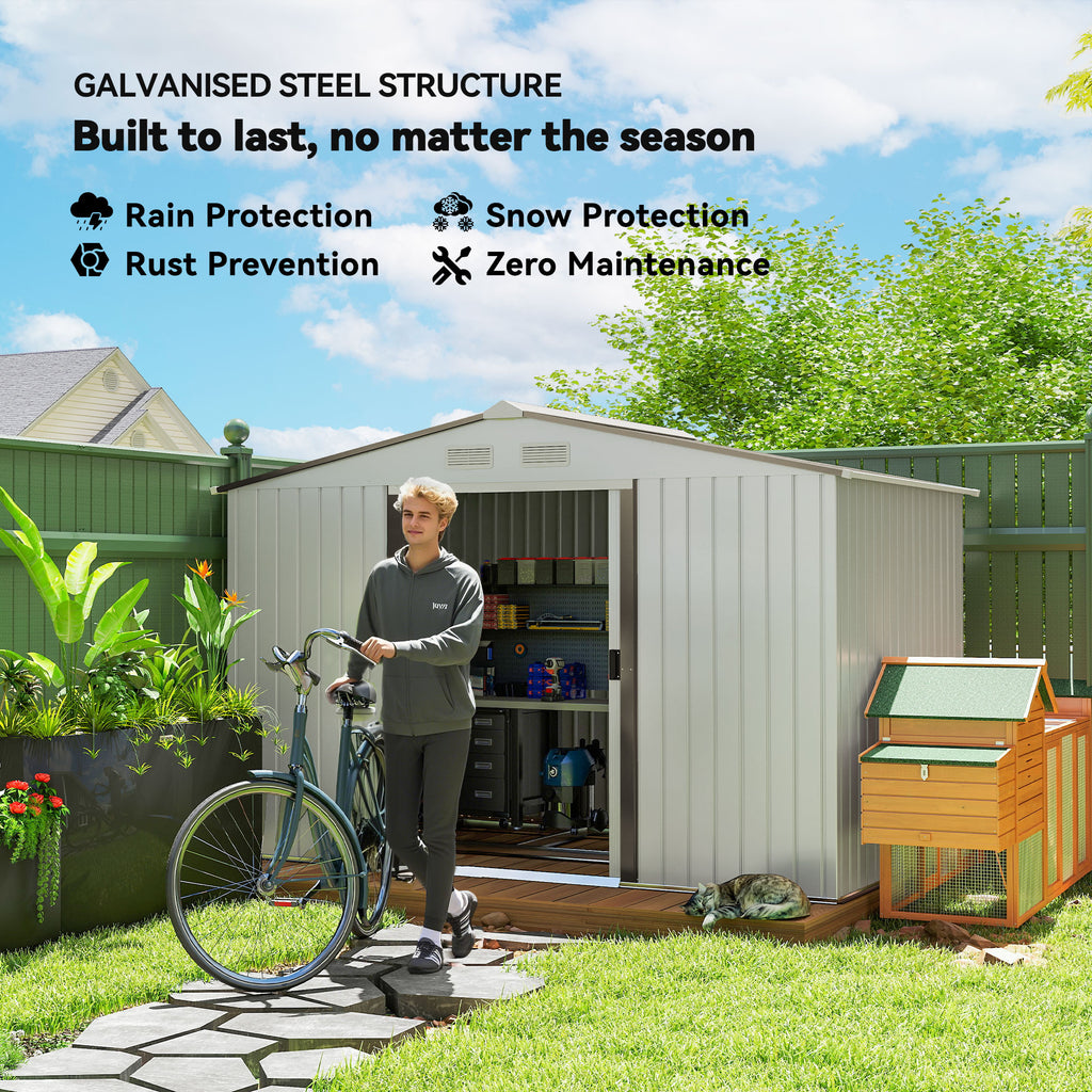 9.1' x 6.4' x 6.3' Garden Storage Shed w/ Foundation Kit Metal Tool Storage House w/ Double Doors Silver