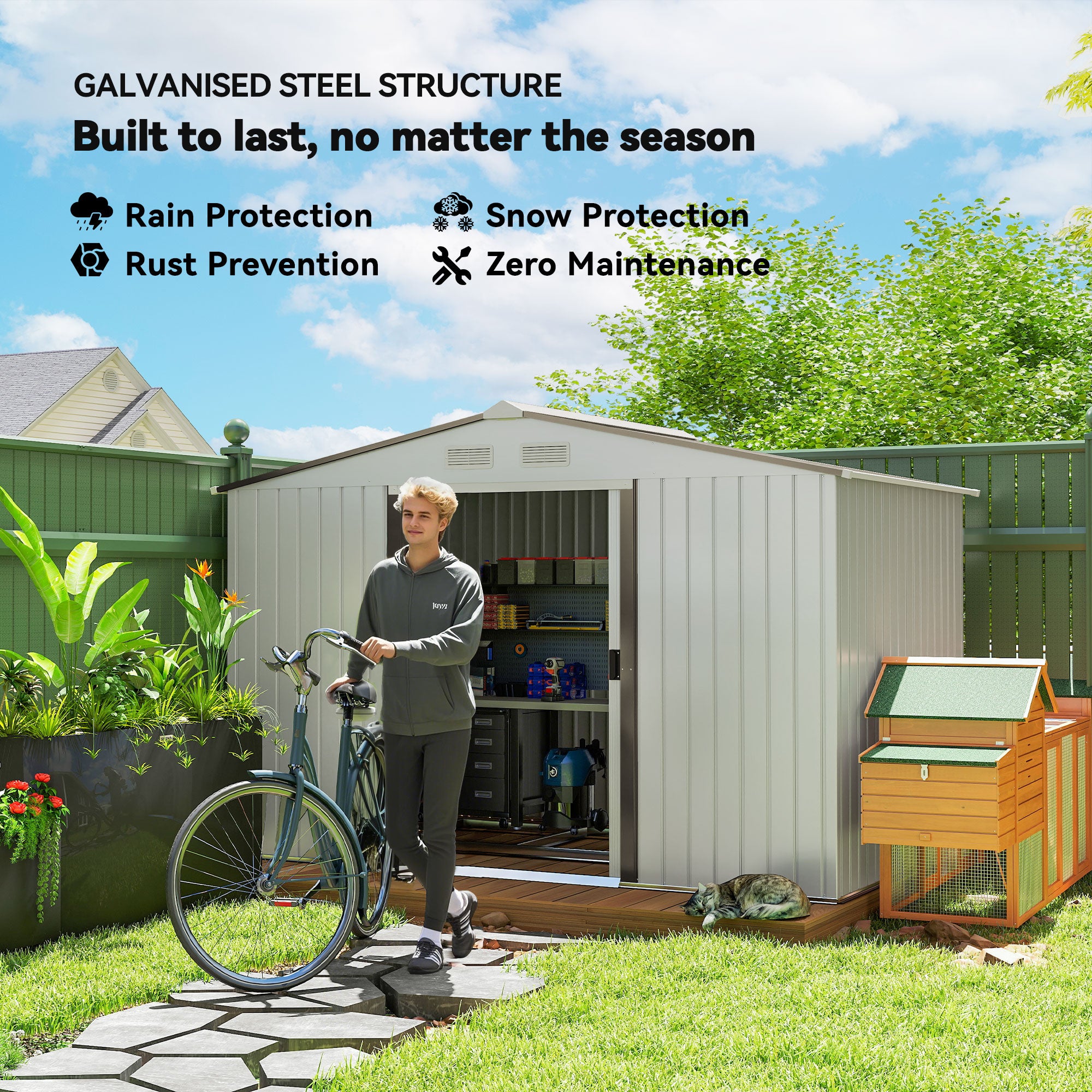 9.1' x 6.4' x 6.3' Garden Storage Shed w/ Foundation Kit Metal Tool Storage House w/ Double Doors Silver