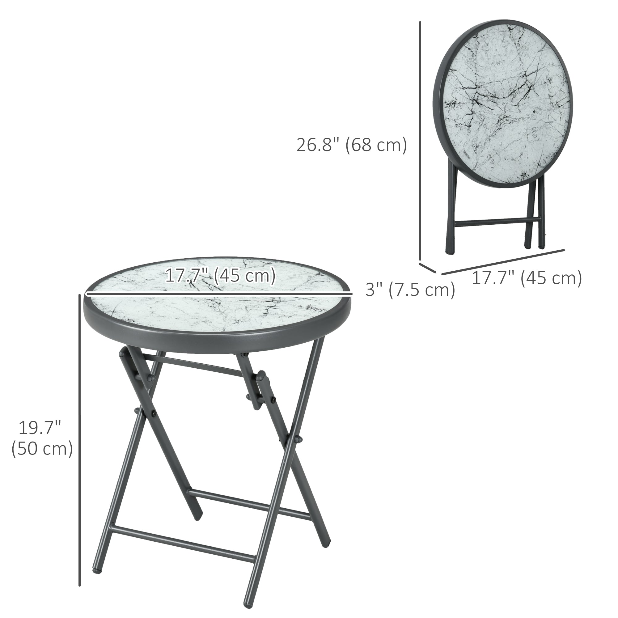 18" Outdoor Round Folding Table, Garden Side Table with Tempered Glass Top for Camping, Party, Weddings, White