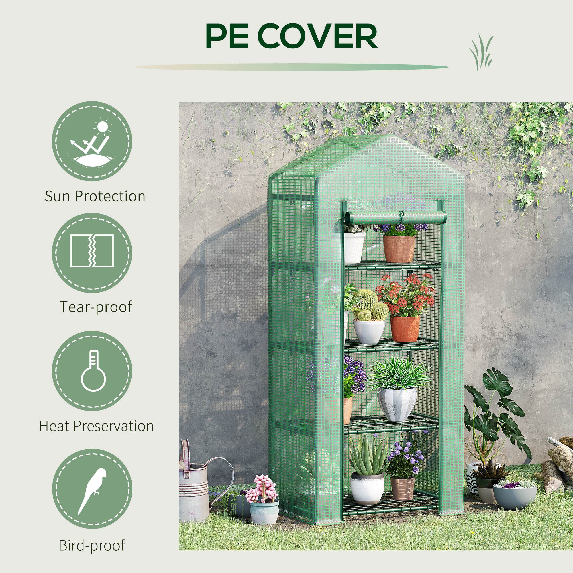 Portable Greenhouse, Outdoor Hot House Plant Flower Greenhouse with 4 Tier Shelves, Steel Frame, PE Cover, Dark Green