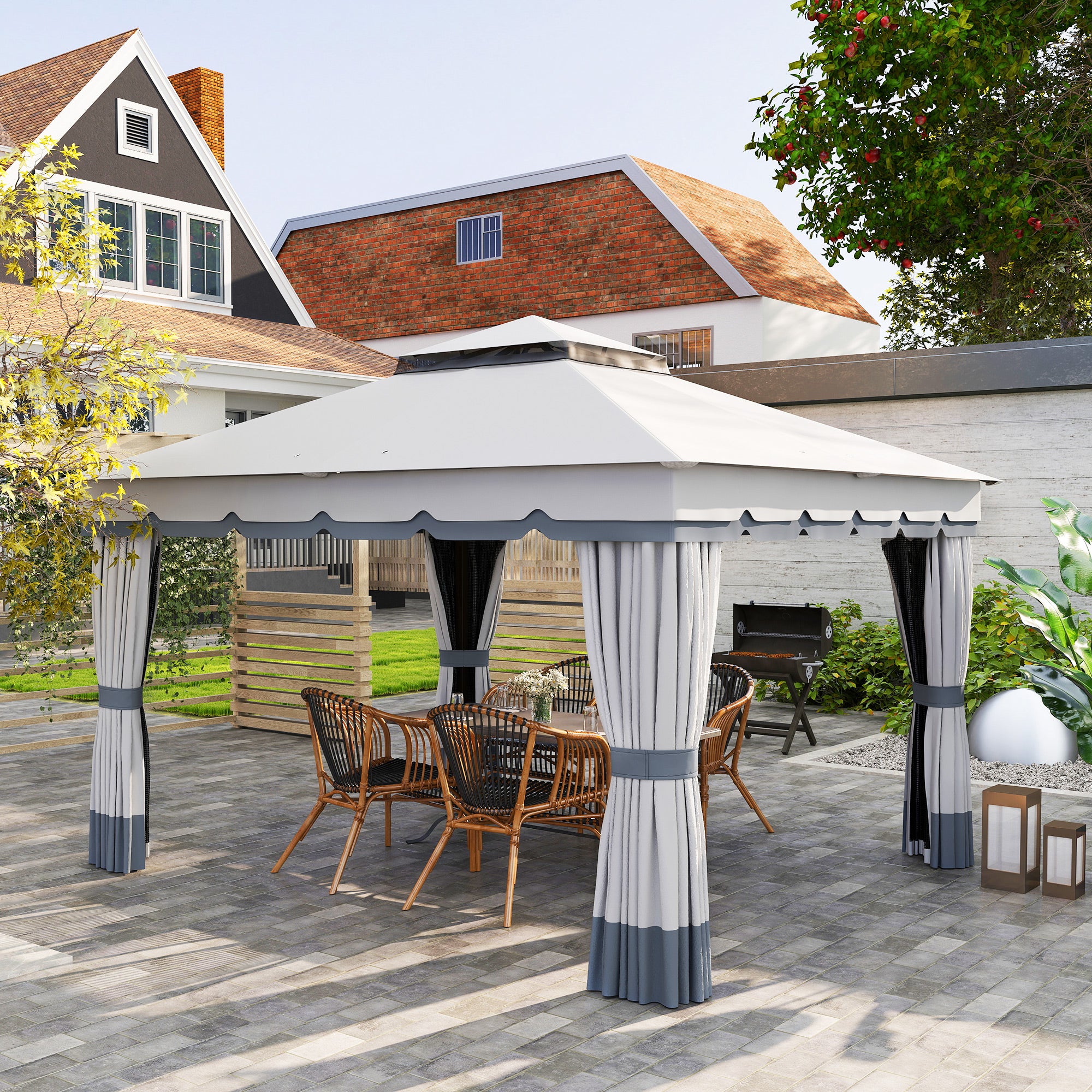 10' x 12' Double Roof Patio Gazebo Canopy, Outdoor Gazebo Shelter with Netting & Curtains, for Garden, Lawn and Deck
