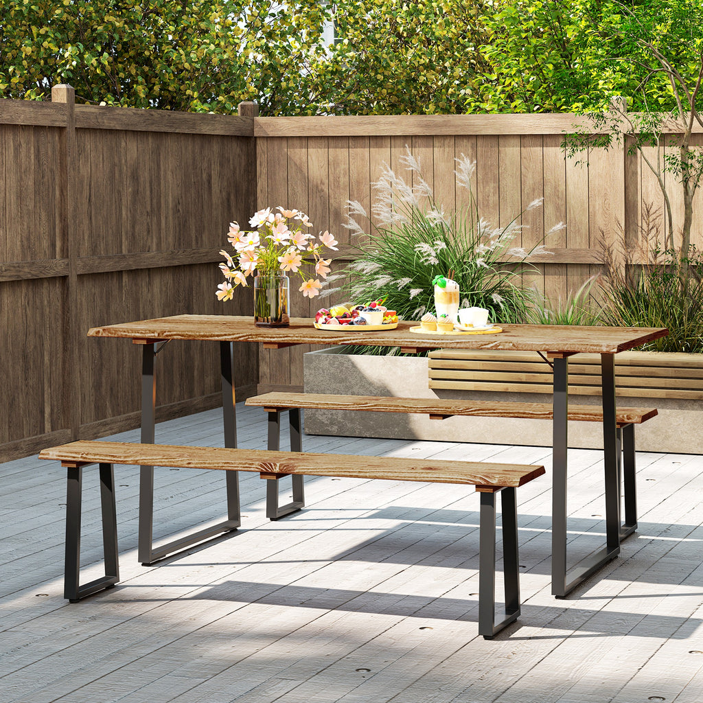 Picnic Table and Bench Set for 6 Persons with 2" Umbrella Hole, Slatted Top & Steel Frame, for Party, BBQ, Patio, Lawn