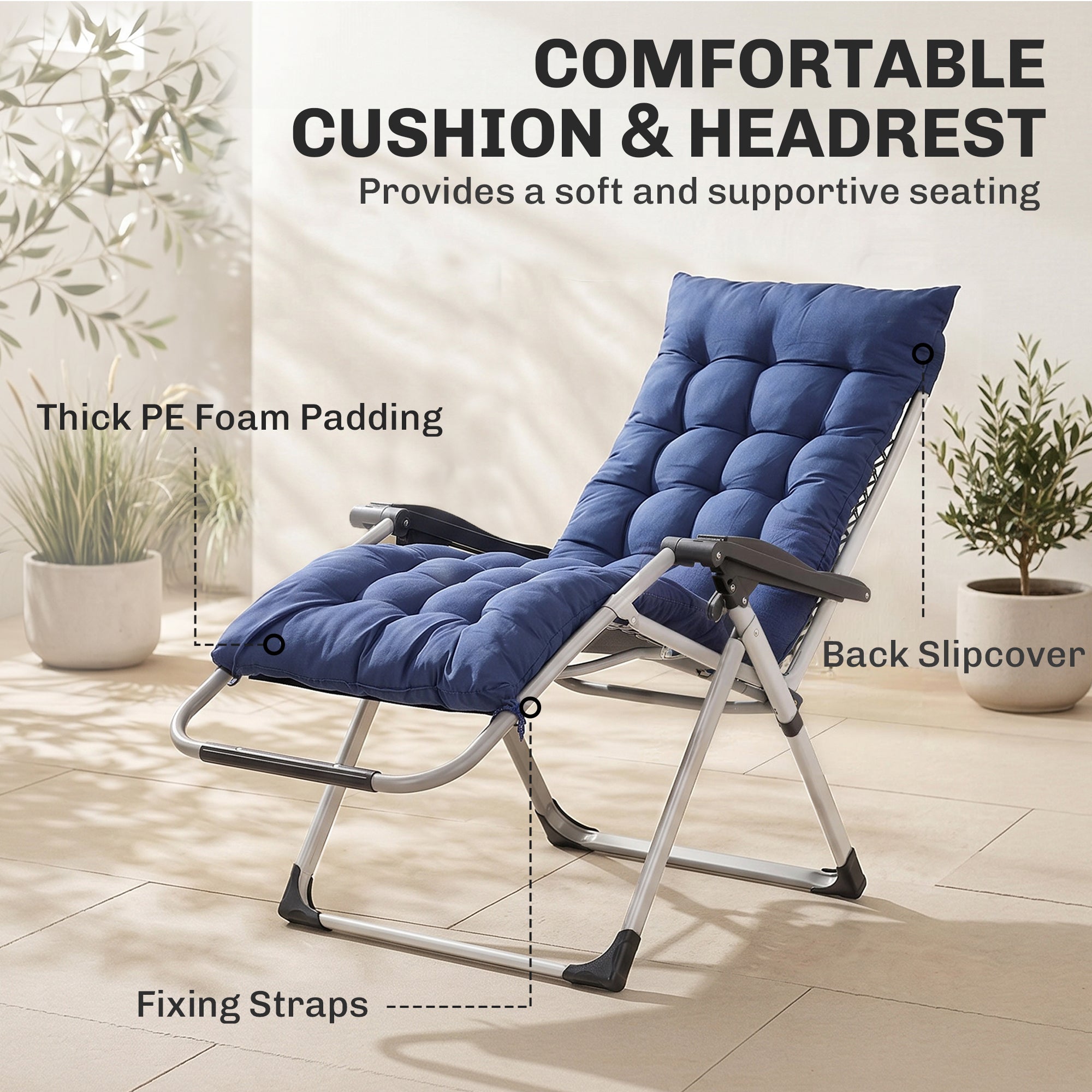 Reclining Zero Gravity Chair with Adjustable Backrest, Folding Garden Sun Lounger, Outdoor Recliner with Removable Cushion and Headrest, Dark Blue