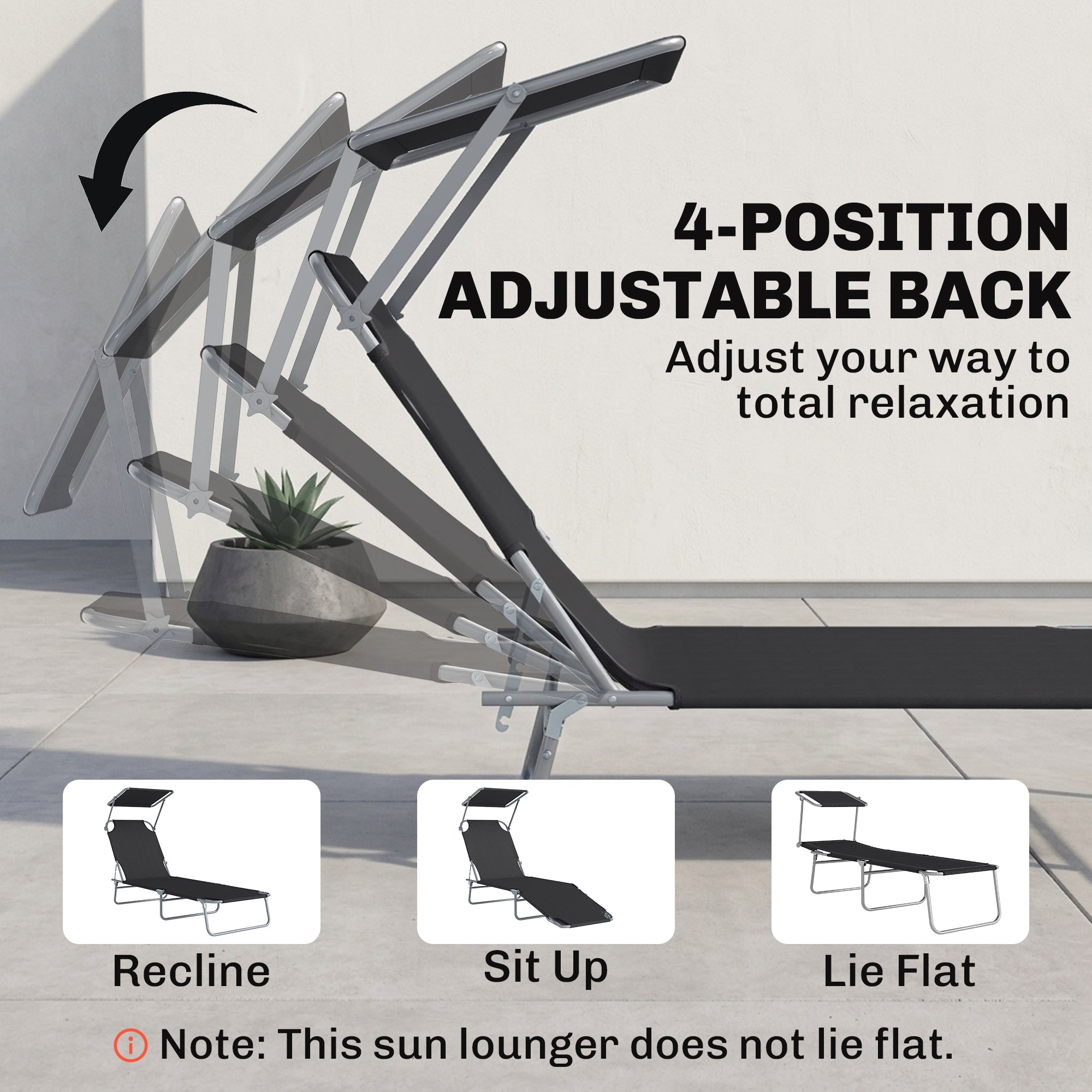 Outdoor Lounge Chair, Adjustable Folding Chaise Lounge, Tanning Chair with Sun Shade for Beach, Camping, Hiking, Backyard, Black