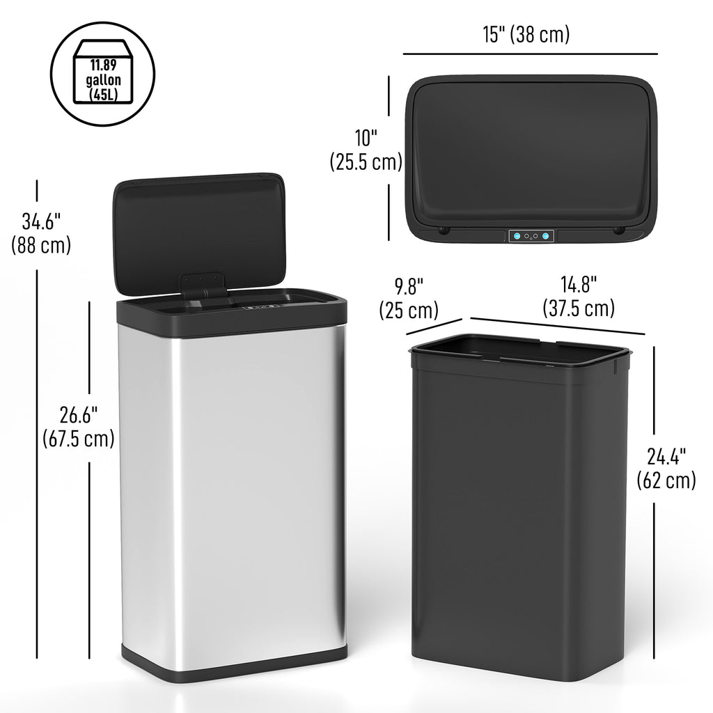 12 Gallon (45 L) Sensor Can, Automatic Garbage Can with Soft-Close Lid, Fingerprint-Proof Stainless Steel, Silver