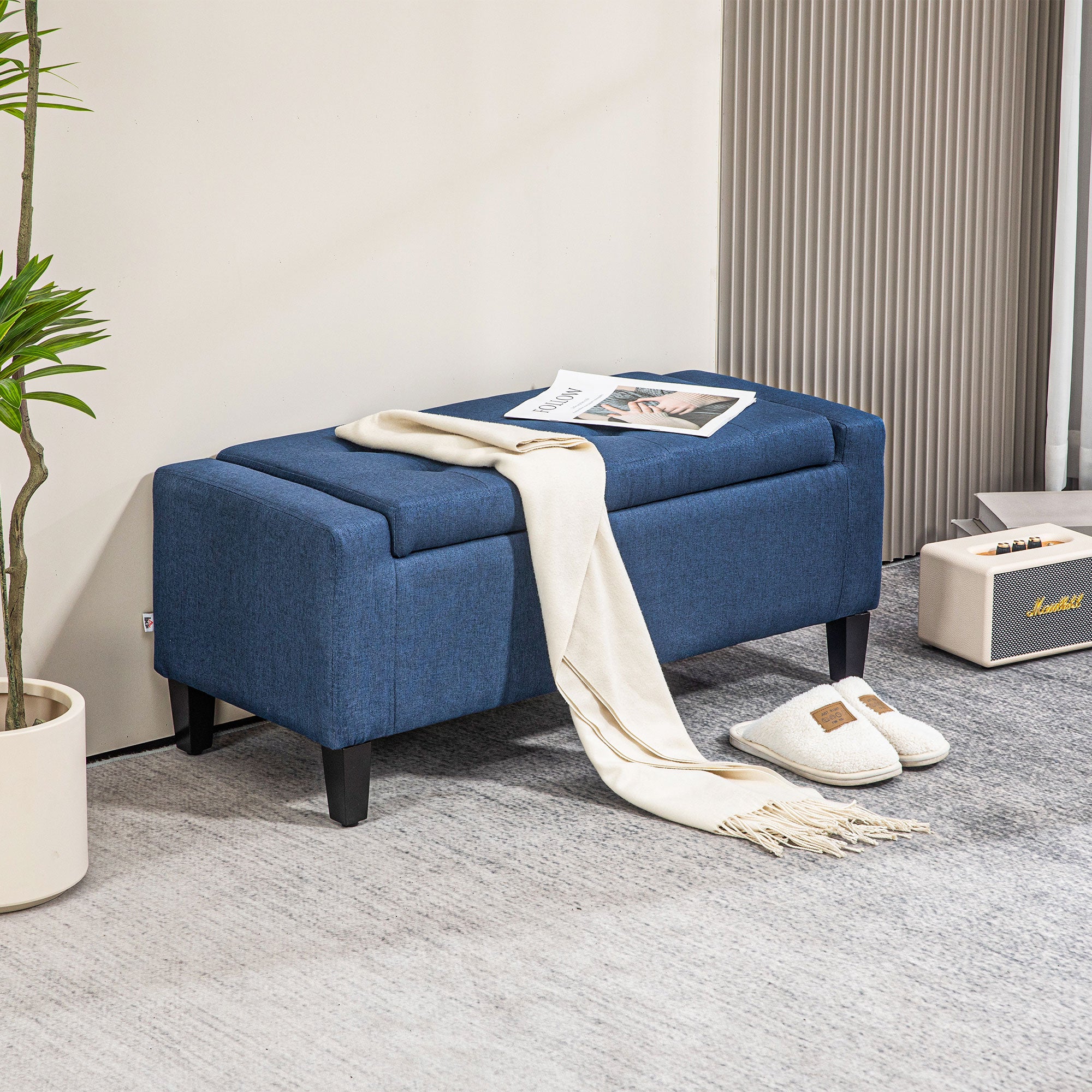 Storage Ottoman Bench, Linen Upholstered Bench with Tufted Design, Dark Blue