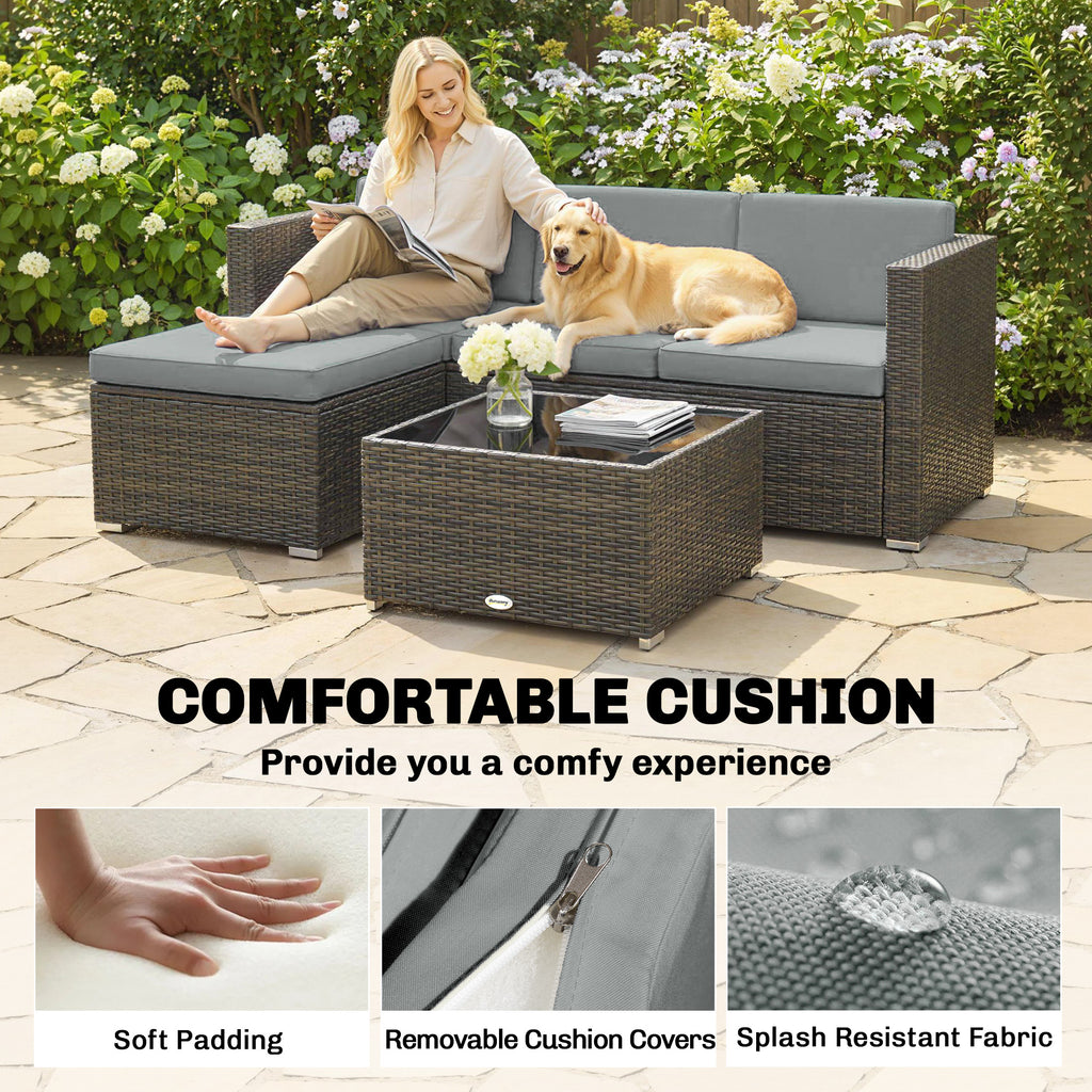 3 Pieces Patio Furniture Set with Cushions, Outdoor PE Rattan Wicker Conversation Corner Sofa Set with Glass Top Table