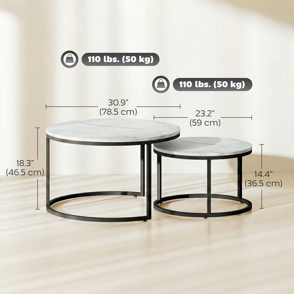 Modern Coffee Table Set of 2, Nesting Side Tables w/ Metal Base for Living Room Bedroom Office Marble White