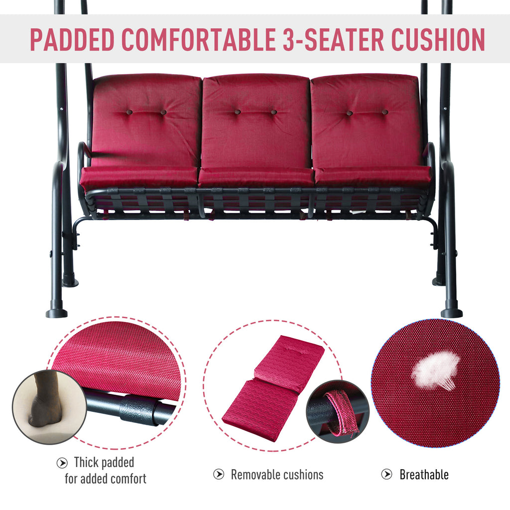 3-Person Porch Swing Chair, Patio Swing Bench with Adjustable Canopy, Removable Thicken Cushion and Weather Resistant Steel Frame for Outdoor, Garden, Poolside, Wine Red