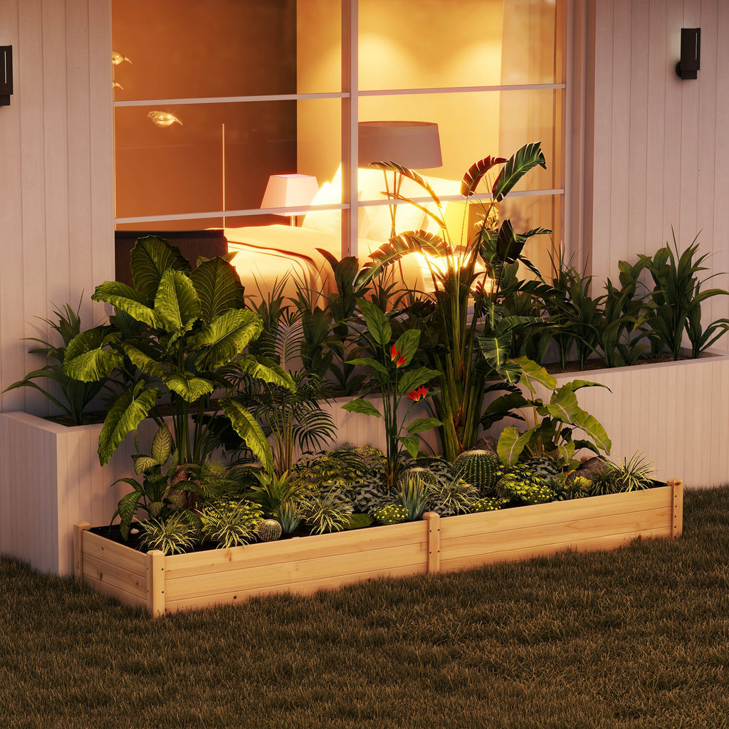 96" x 24" x 10" Wooden Raised Garden Bed with 2 Planter Box and Non-woven Fabric Liner for Backyard, Patio to Grow Vegetables, Herbs, and Flowers, Natural