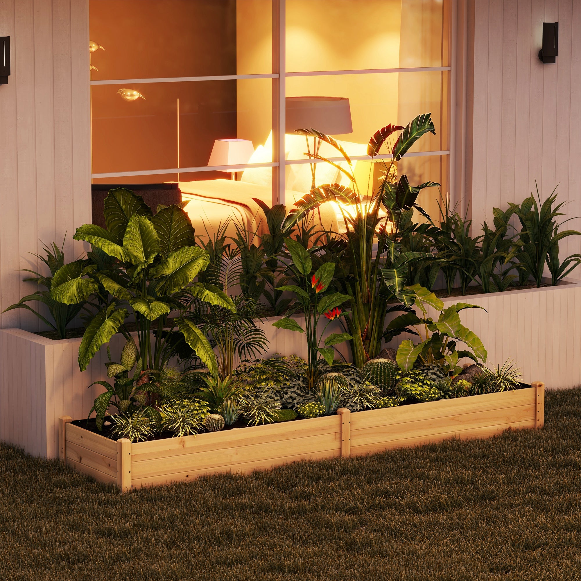 96" x 24" x 10" Wooden Raised Garden Bed with 2 Planter Box and Non-woven Fabric Liner for Backyard, Patio to Grow Vegetables, Herbs, and Flowers, Natural