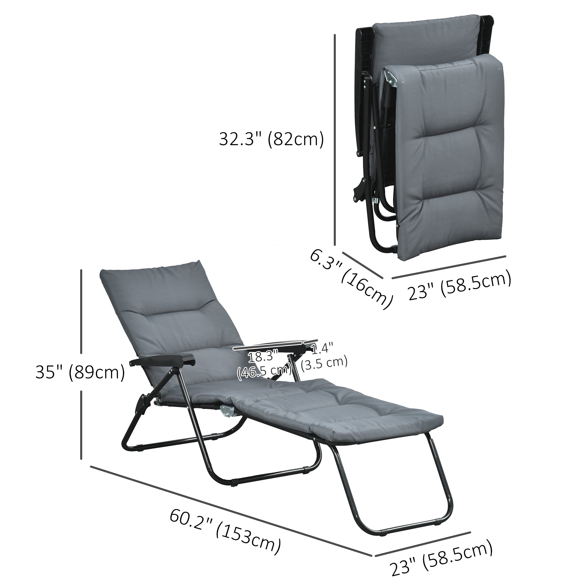 Foldable Lounge Chair, Reclining Patio Sun Lounger with 6-Position Adjustable Back, Grey
