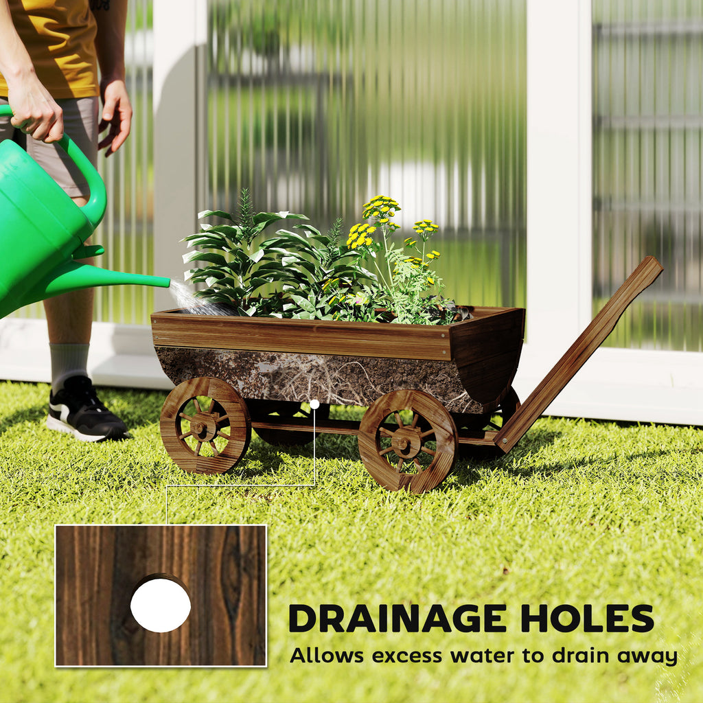Wooden Wagon Planter Box, Mobile Garden Planter with 4 Wheels, Small Wheelbarrow Wagon Flower Cart with Drainage Holes