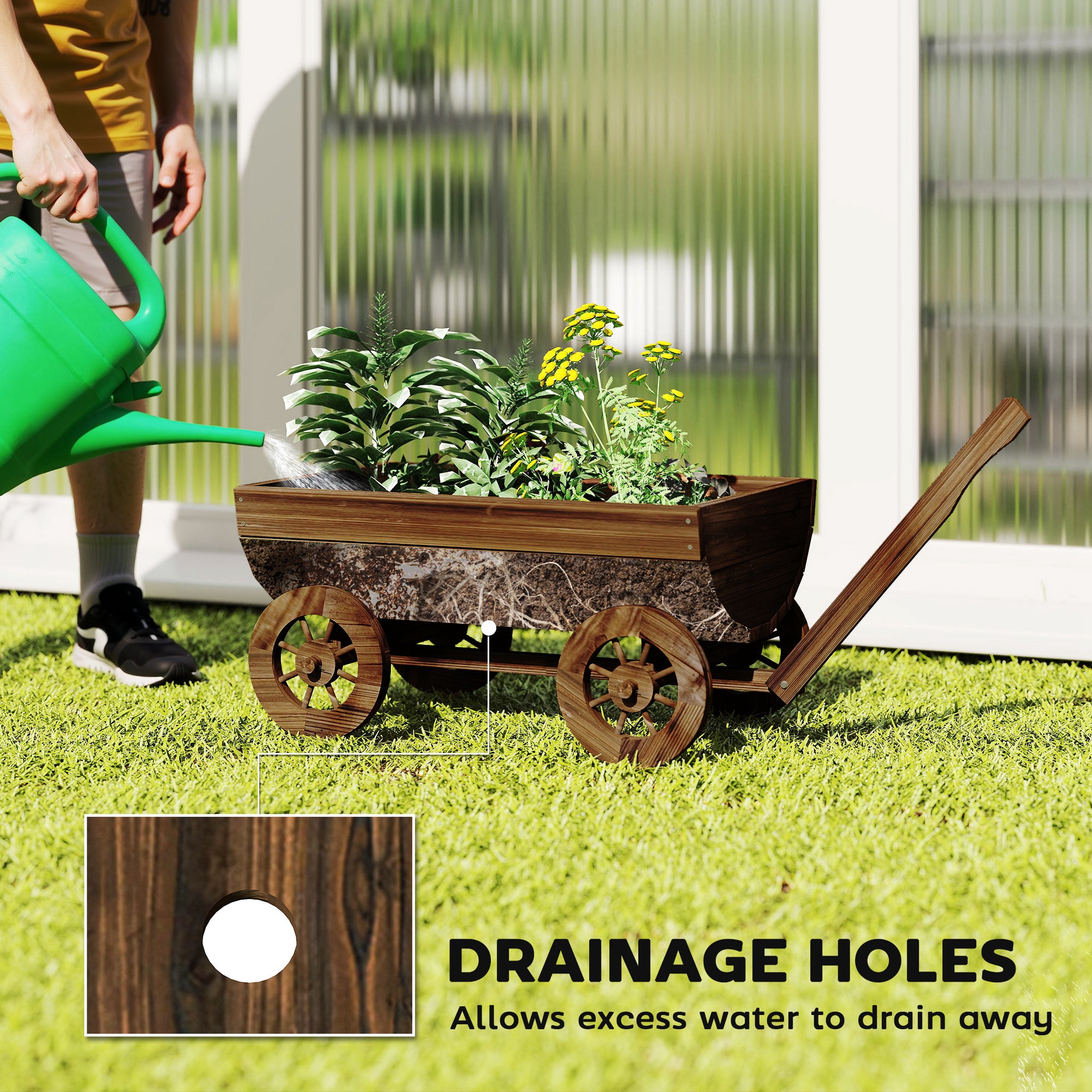Wooden Wagon Planter Box, Mobile Garden Planter with 4 Wheels, Small Wheelbarrow Wagon Flower Cart with Drainage Holes