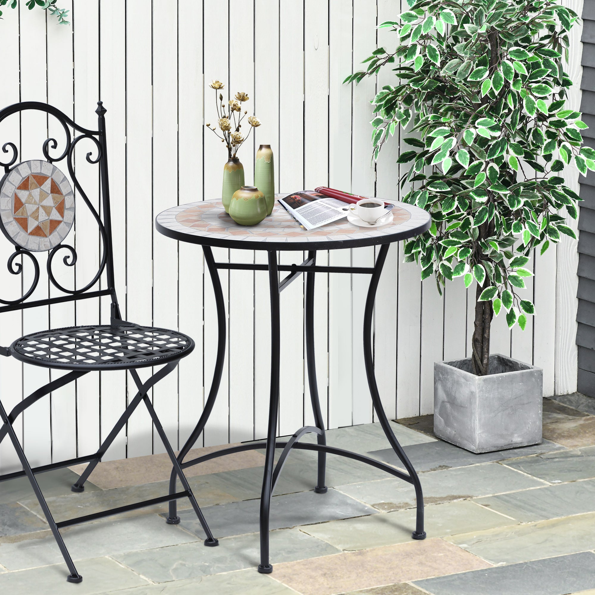 23.5" Mosaic Round Patio Table, Metal Side Bistro Coffee Table, Outdoor Furniture, Ceramic Tabletop for Garden Lawn