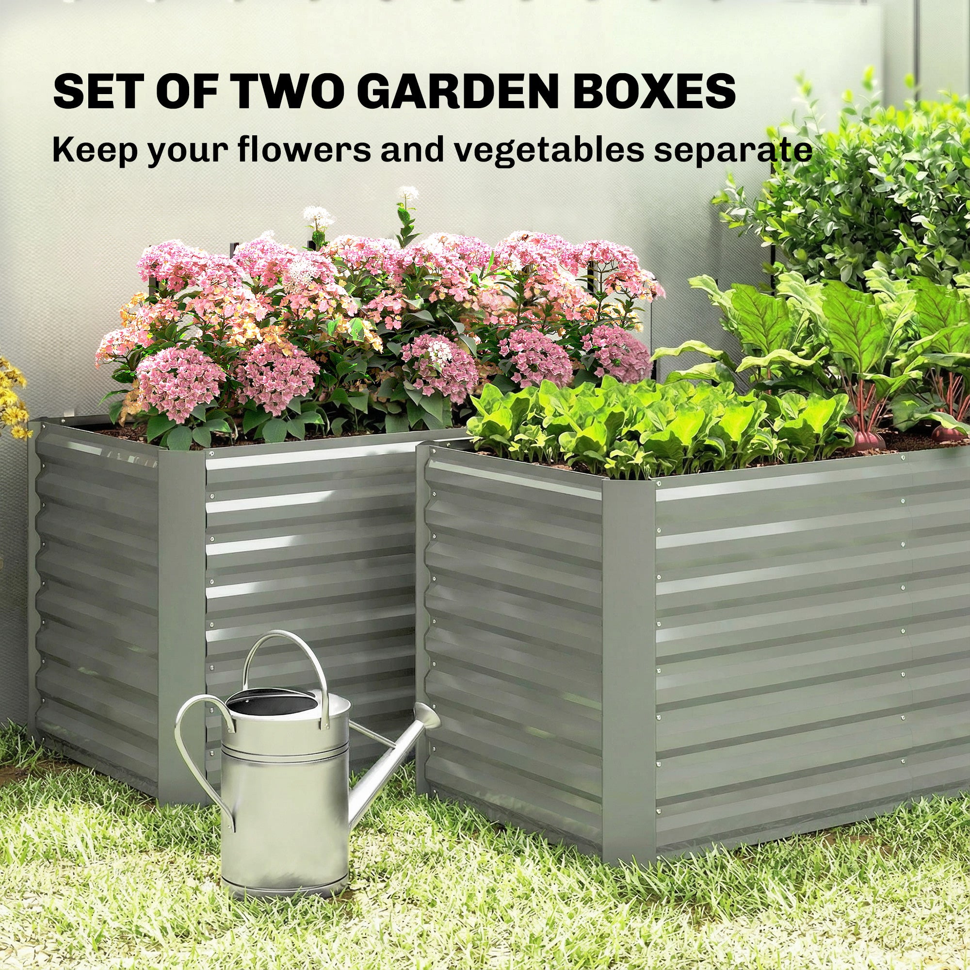 Set of 2 Galvanized Metal Planters for Outdoor Plants, 4' x 2' x 2' Raised Garden Bed, Light Grey