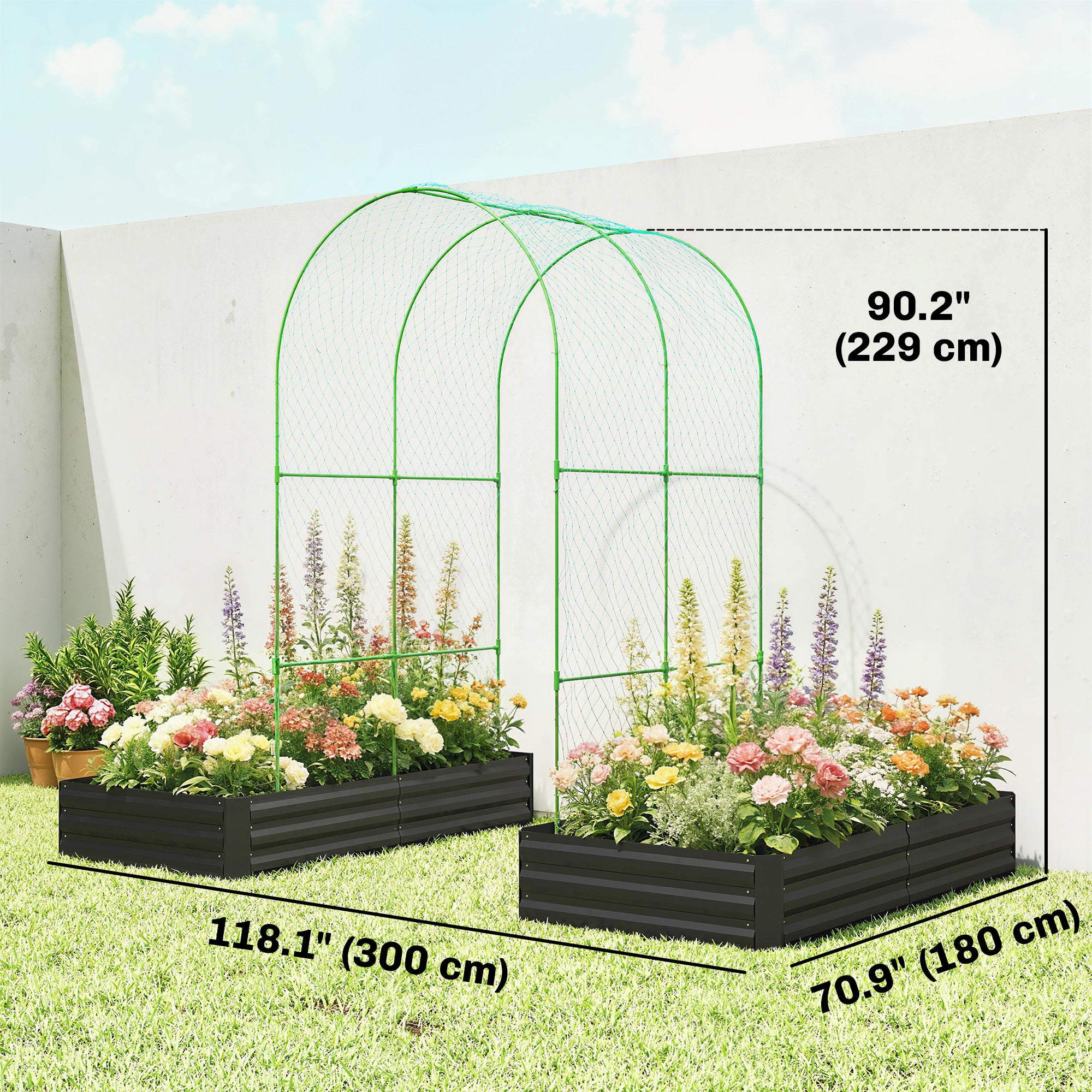 Metal Raised Garden Bed with Trellis, Galvanized Garden Bed Kit Outdoor Garden Box with Trellis, Black
