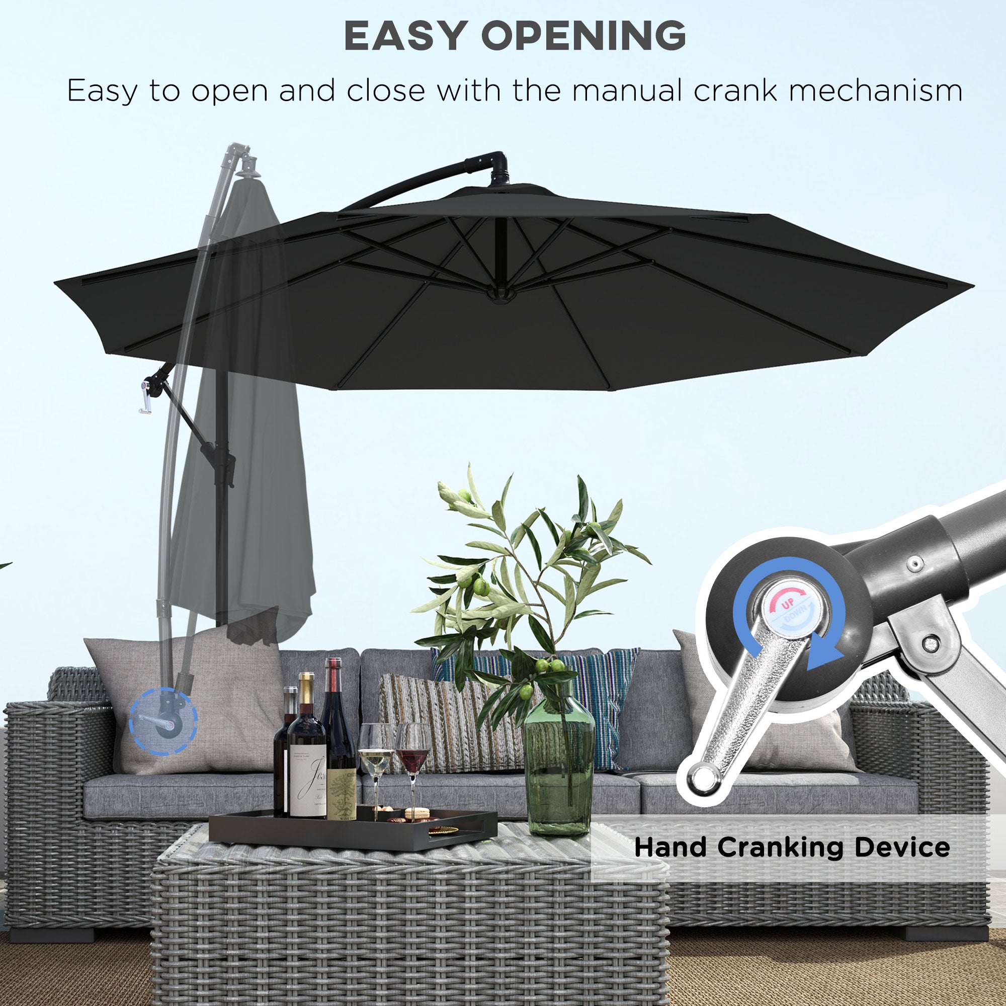9.7ft Offset Patio Umbrella Garden Hanging Parasol Banana Cantilever Umbrella with Base, Crank, Black