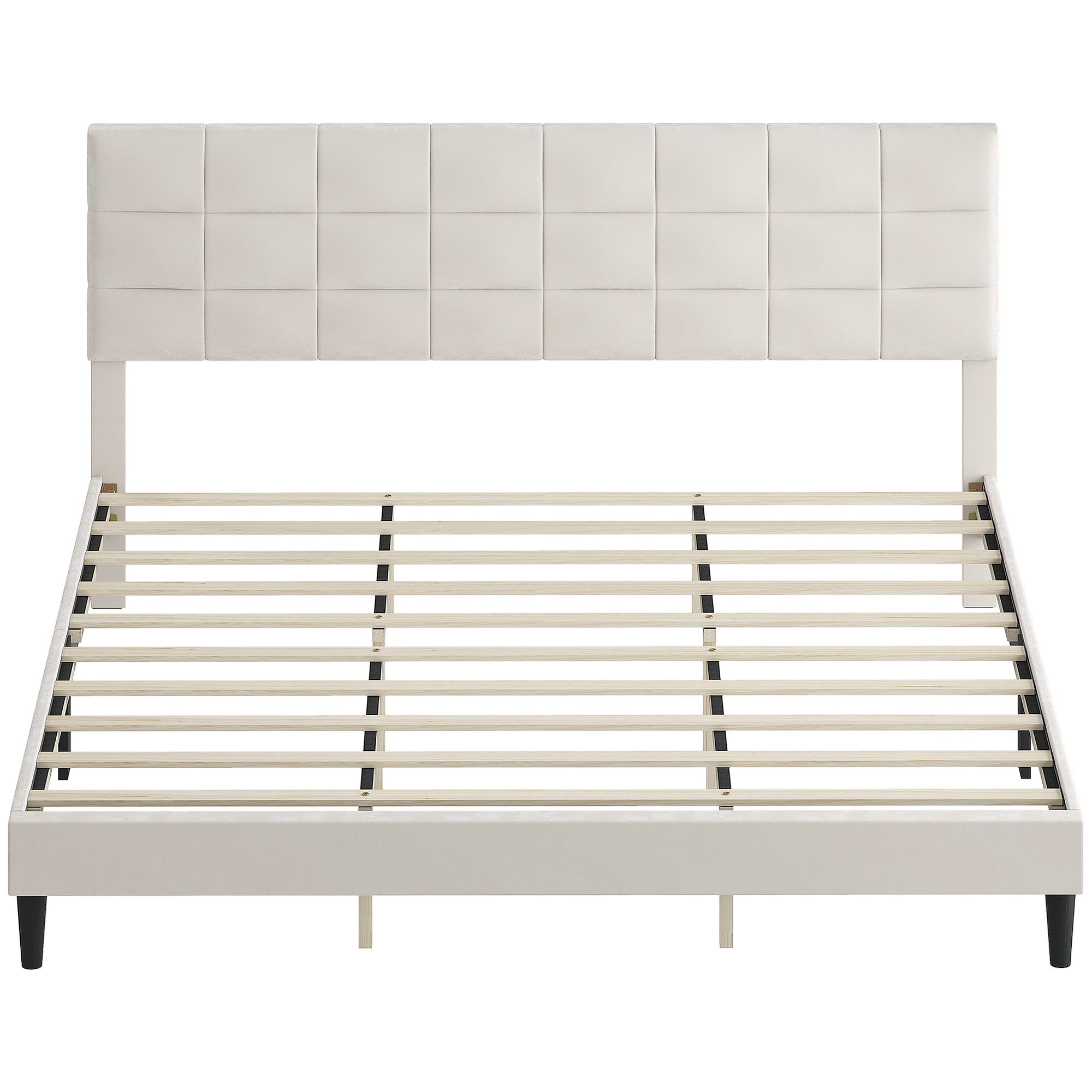 Cream king size platform bed with upholstered headboard and wood slats