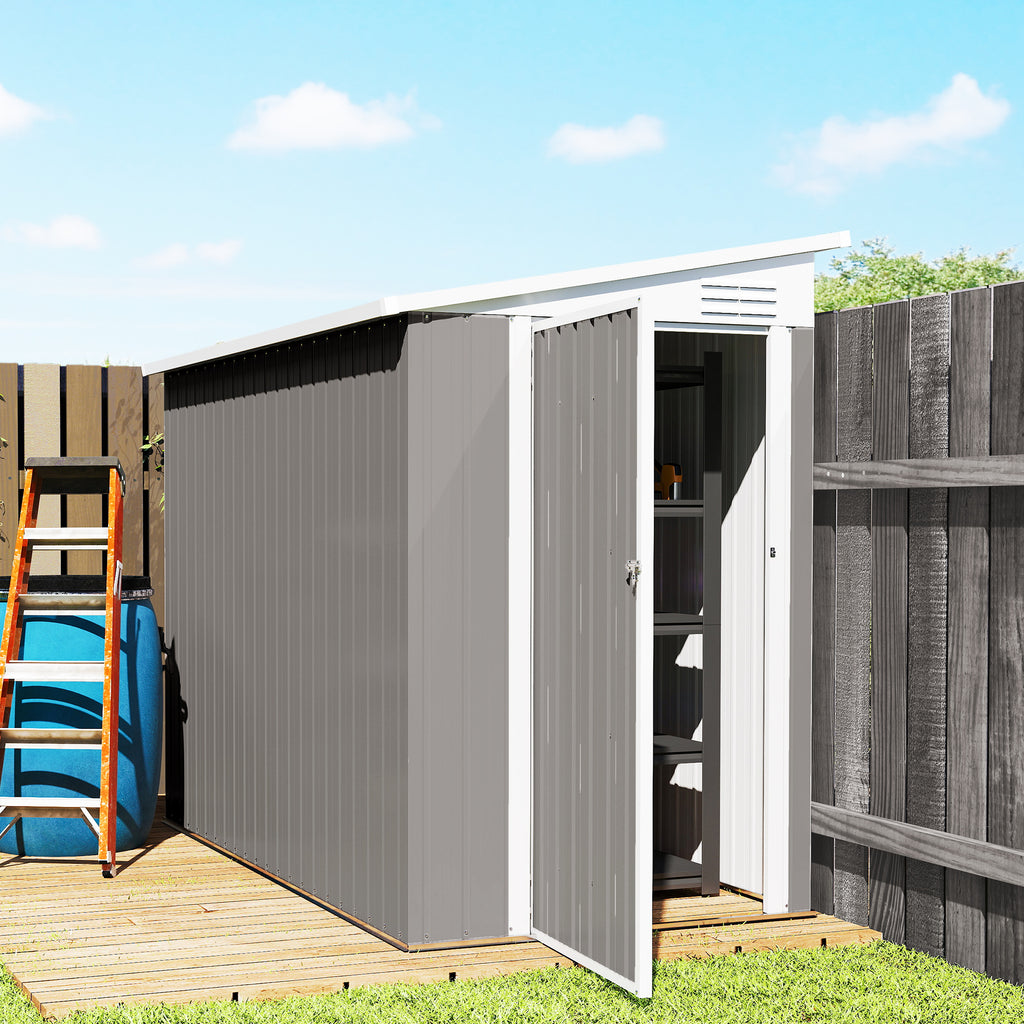 4' x 8' Outdoor Storage Shed Lean to Shed Outdoor Metal Tool Shed with Lockable Door and Air Vents, Light Grey