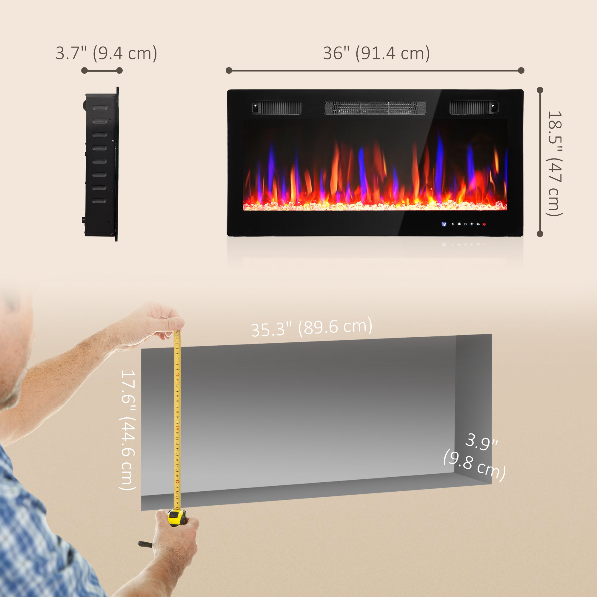 36" Thin Electric Fireplace, Freestanding, Wall Mounted Fireplace Heater with Eco Mode, Auto Switch, Remote, 1500W